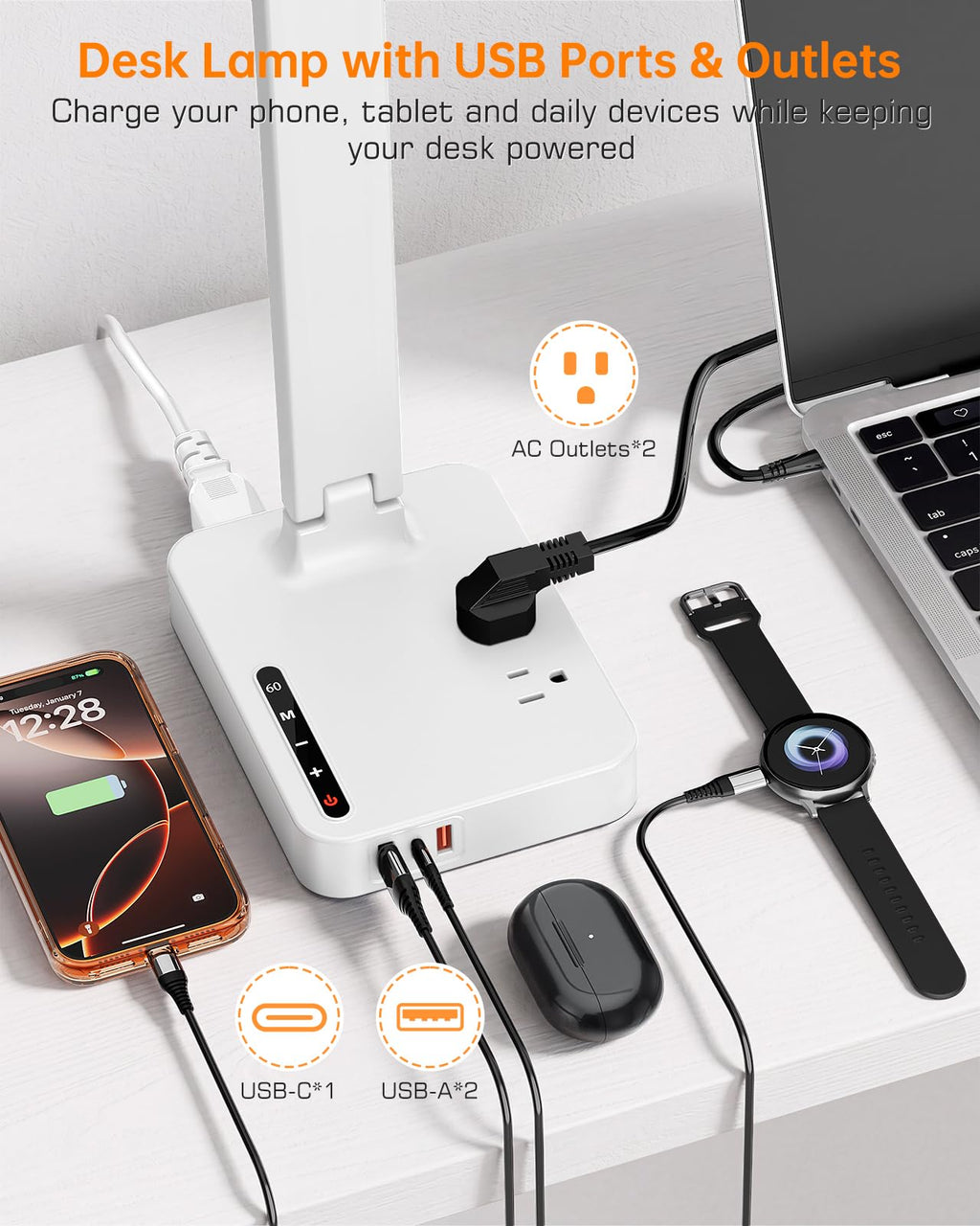 LED Desk Lamp for Dorm Office, USB-C,AC Outlet, Reading Light, White