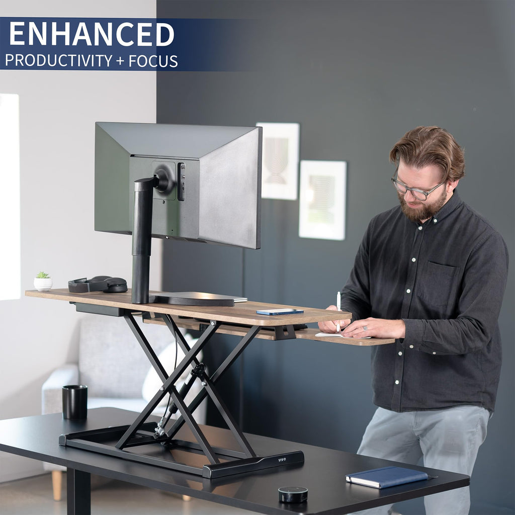 48 inch Desk Converter, K Series, Height Adjustable Sit to Stand Riser, Dual Monitor and Laptop Workstation with Wide Keyboard Tray, Reclaimed Wood Top, Black Frame, DESK-V048KP