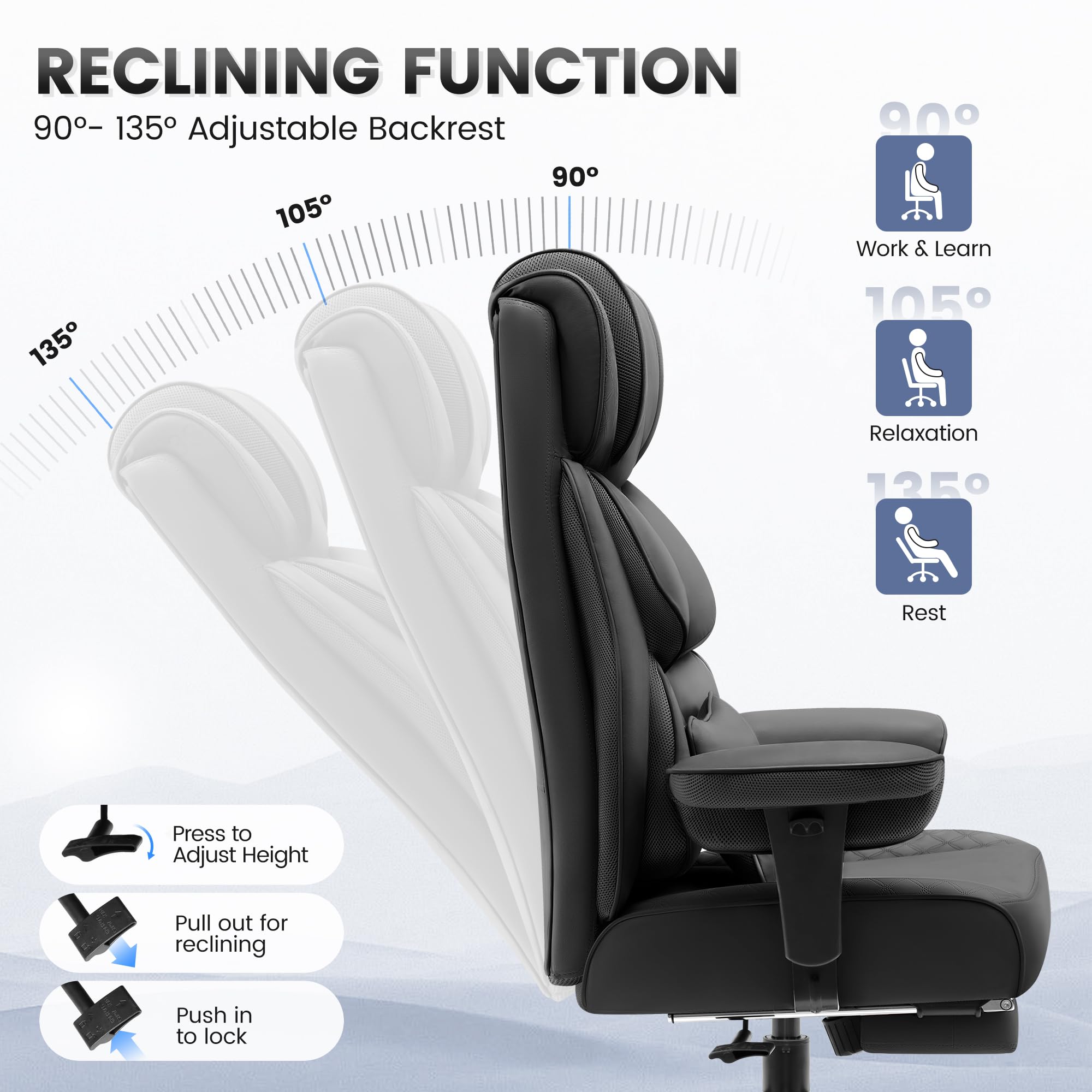 Office Desk Chair, Big and Tall Leather Gaming Chair with Footrest, Wide Ergonomic Comfy Executive High-Back Reclining Computer Chairs, Swivel Rolling Wheels and Padded Lumbar Support, Black Updated