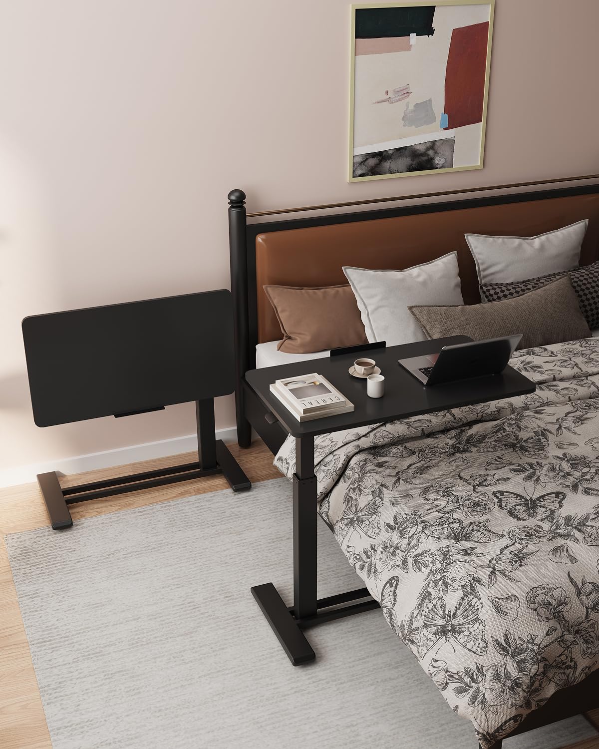 H7 PRO Mobile Standing Desk Adjustable Overbed Table Pneumatic with Wheels 90°Tiltable Portable Laptop Desk Rolling Computer Cart Foldable Bedside Table(31.5" W x 17.7" D D, Black)