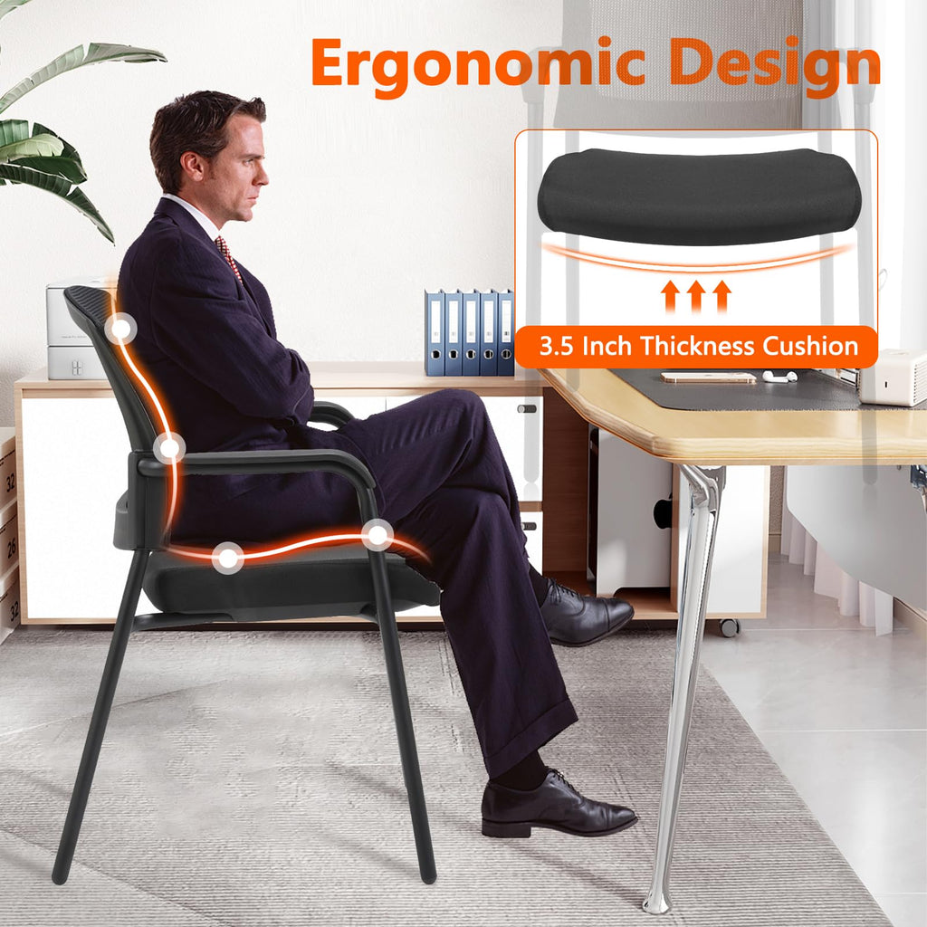4 Pack, Office Reception Guest Chair Mesh Back Stacking with Ergonomic Lumbar Support and Thickened Seat Cushion for Waiting Conference Room Black