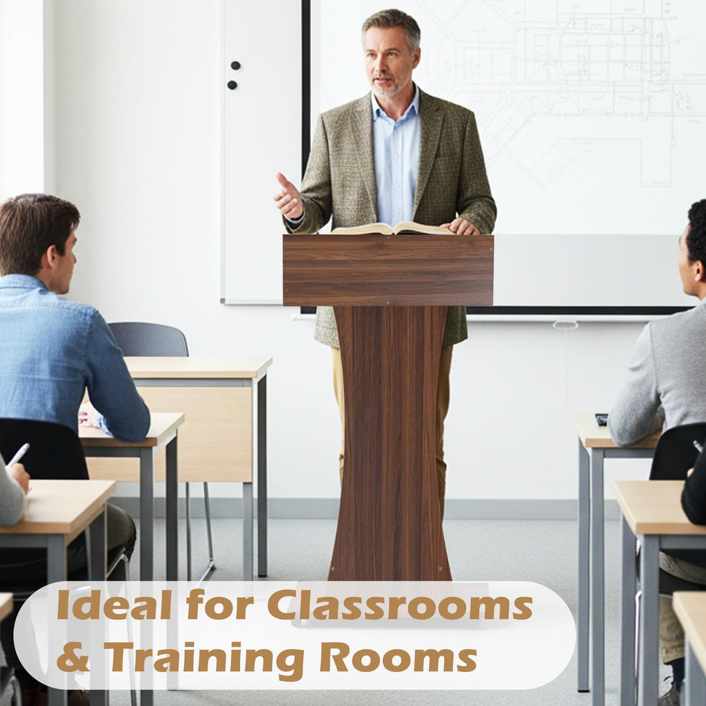 Podium Stand with Lockable Wheels,47"H Wooden Podium for Classroom, Mobile Pulpit Lectern with 3 Storage Shelves for Church, Office,Conference Room (Walnut)