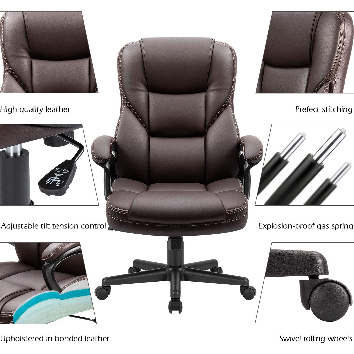 (2, Brown) Office Executive Chair High Back Adjustable Managerial Home Desk Chair, Swivel Computer PU Leather Chair with Lumbar Support