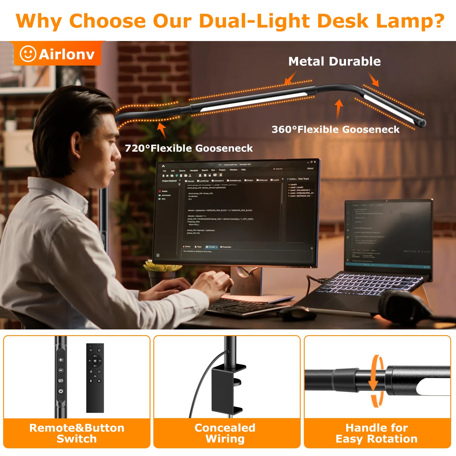 LED Desk Lamp for Home Office, Eye-Caring Desk Light with Adjustable Gooseneck, Dual Screen Computer Monitor Light with Stepless Dimming, Stepless Color Temp, Memory Function for Study, Workbench