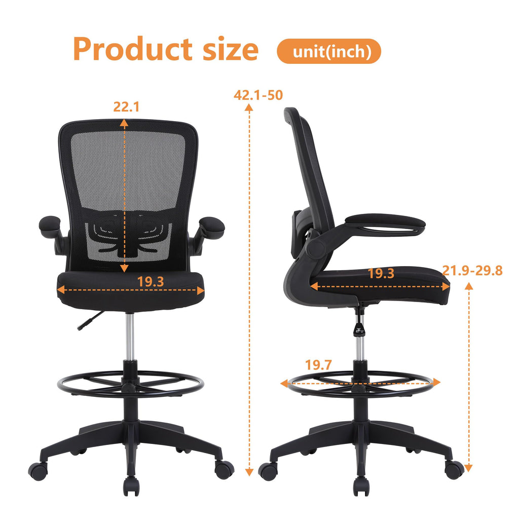 Drafting Chair Tall Office Chair Adjustable Height with Lumbar Support Flip Up Arms Footrest Mid Back Task Mesh Desk Chair Computer Chair Drafting Stool for Standing Desk