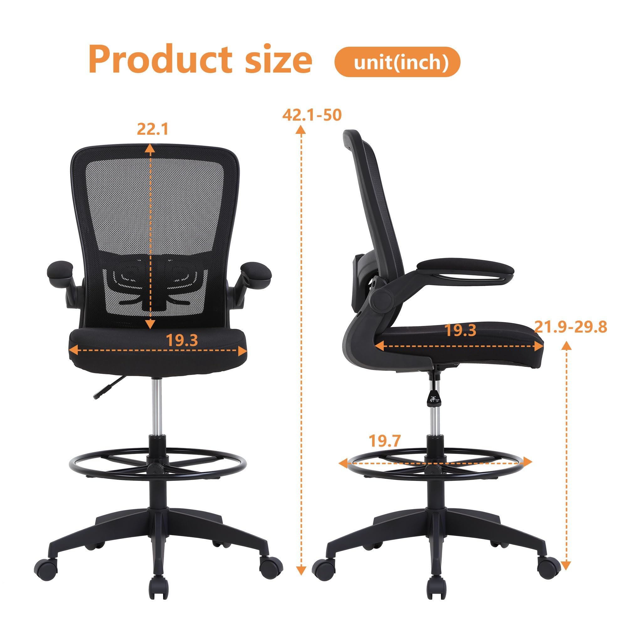 Drafting Chair Tall Office Chair Adjustable Height with Lumbar Support Flip Up Arms Footrest Mid Back Task Mesh Desk Chair Computer Chair Drafting Stool for Standing Desk