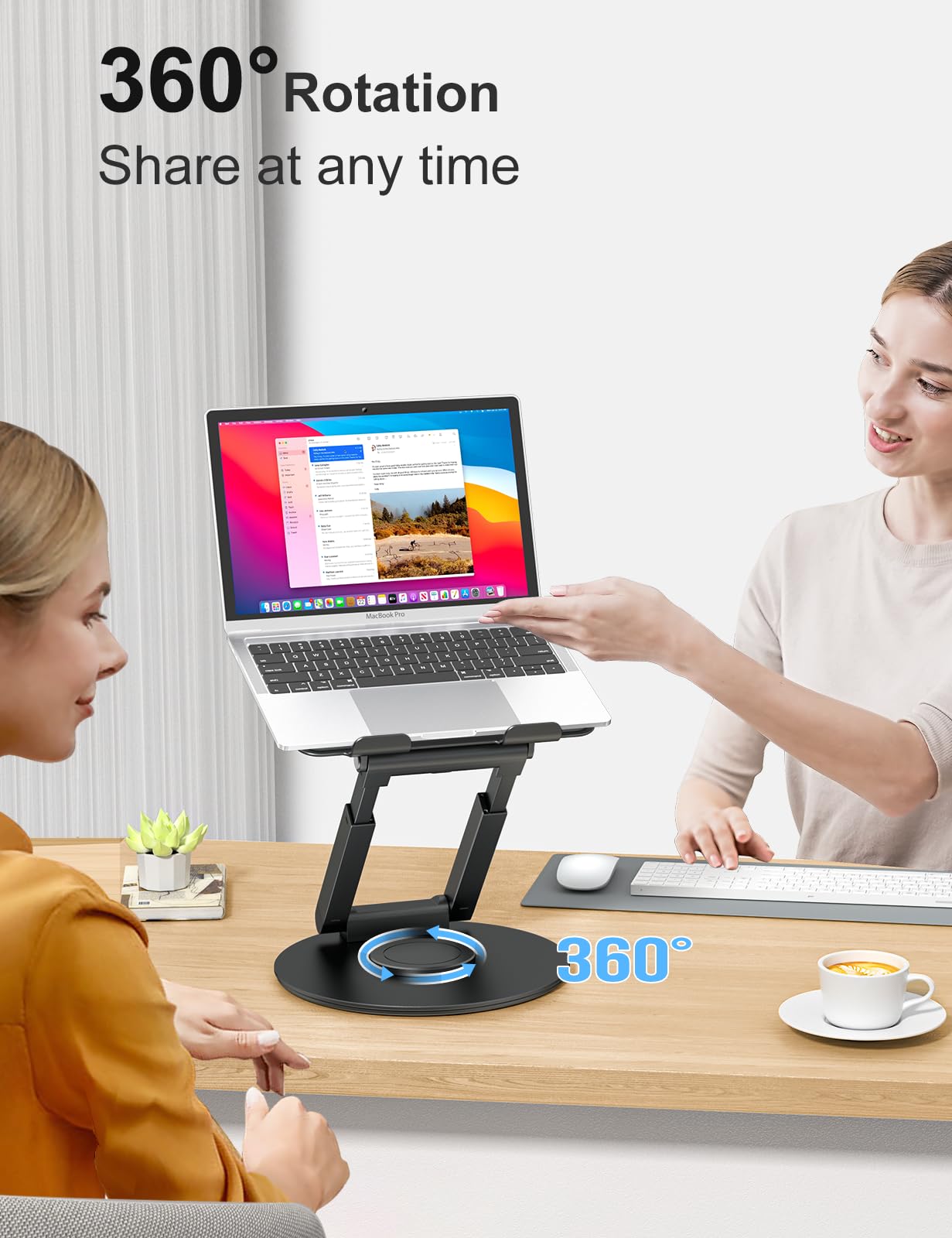 Laptop Stand for Desk with 360° Swivel Base, Sit to Stand, Height Adjustable, Portable Riser Holder for Good Posture, Compatible with MacBook Pro, All Laptops 10-17" - Black