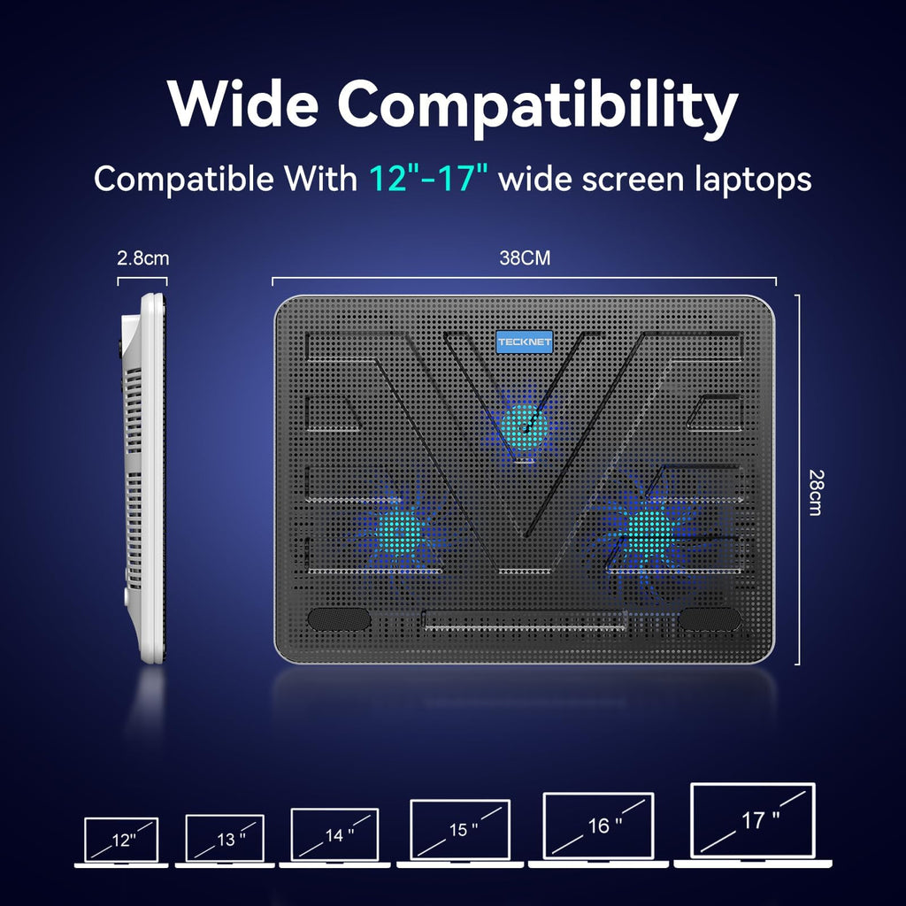 Laptop Cooling Pad, Portable Slim Quiet USB Powered Laptop Notebook Cooler Cooling Pad Stand Chill Mat with 3 Blue LED Fans, Fits 12-17 Inches (White)