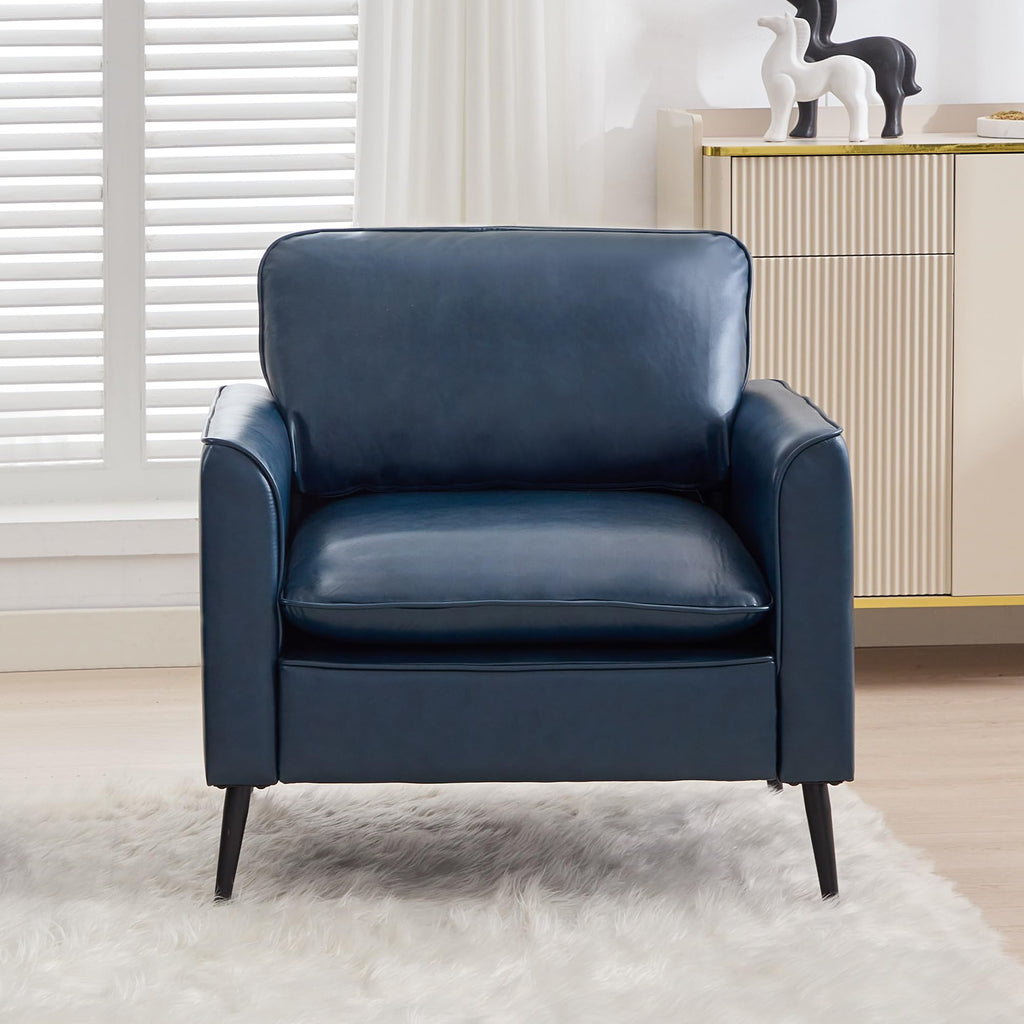 Leather Accent Chair, Mid-Century Modern Comfy Living Room Chairs, Cozy Office Reading Chair, Reception Armchairs for Bedroom, Office, Waiting Room (Blue)