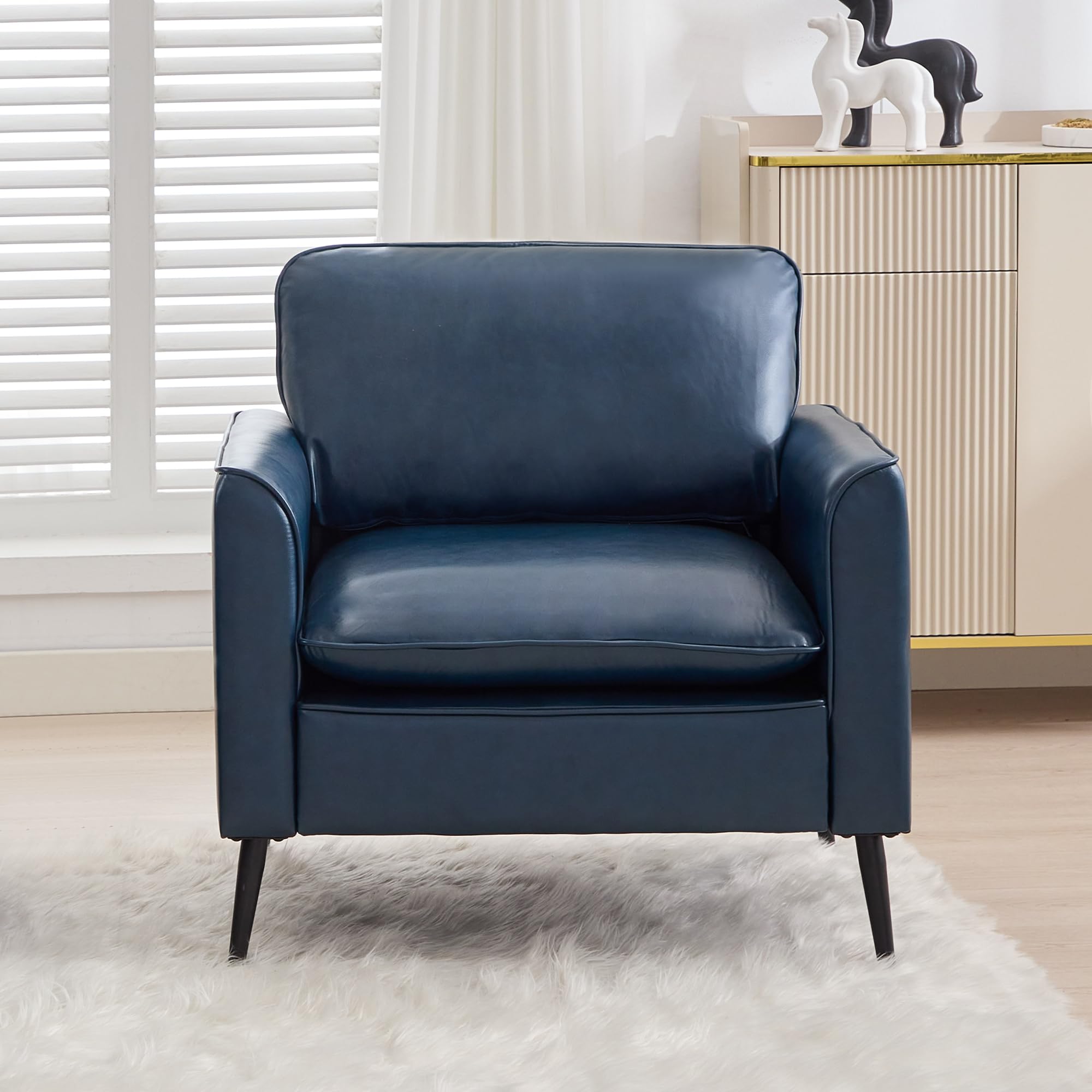 Leather Accent Chair, Mid-Century Modern Comfy Living Room Chairs, Cozy Office Reading Chair, Reception Armchairs for Bedroom, Office, Waiting Room (Blue)