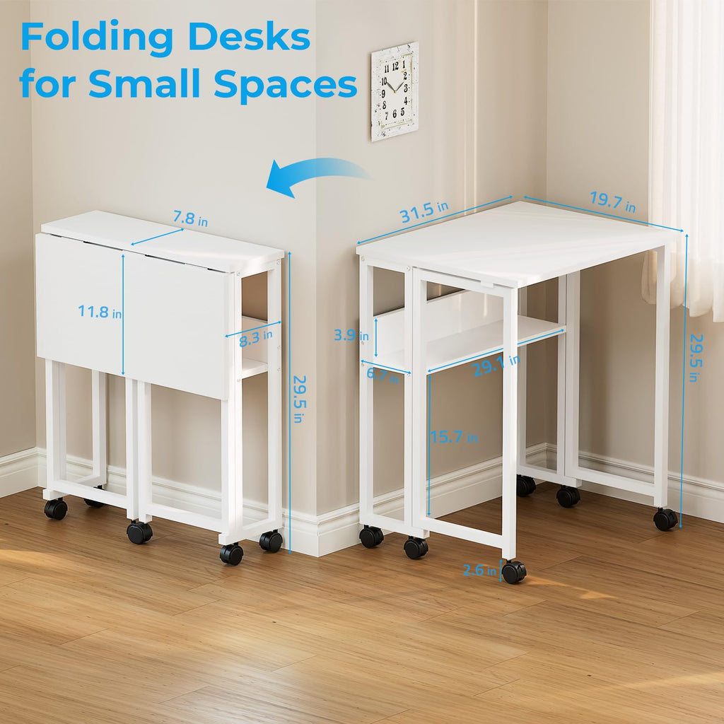 Folding Desk with Wheels, 31.5 Inch Compact Rolling Computer Table with Storage Shelf, Portable Mobile Workstation for Small Spaces, Easy Assembly, Pure White