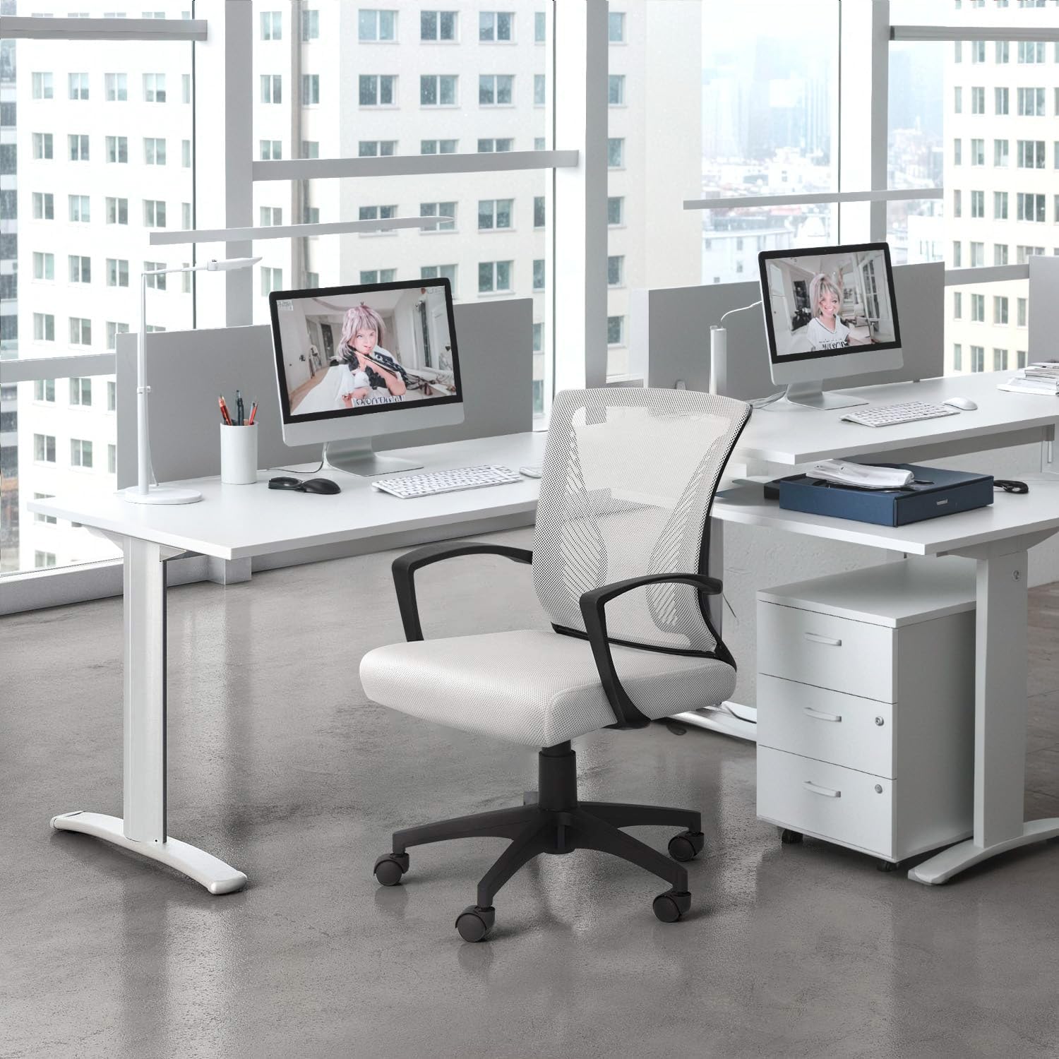 Office Chair Ergonomic Computer Desk Mesh Chair Mid Back Swivel Lumbar Support with Armrest (1, White)