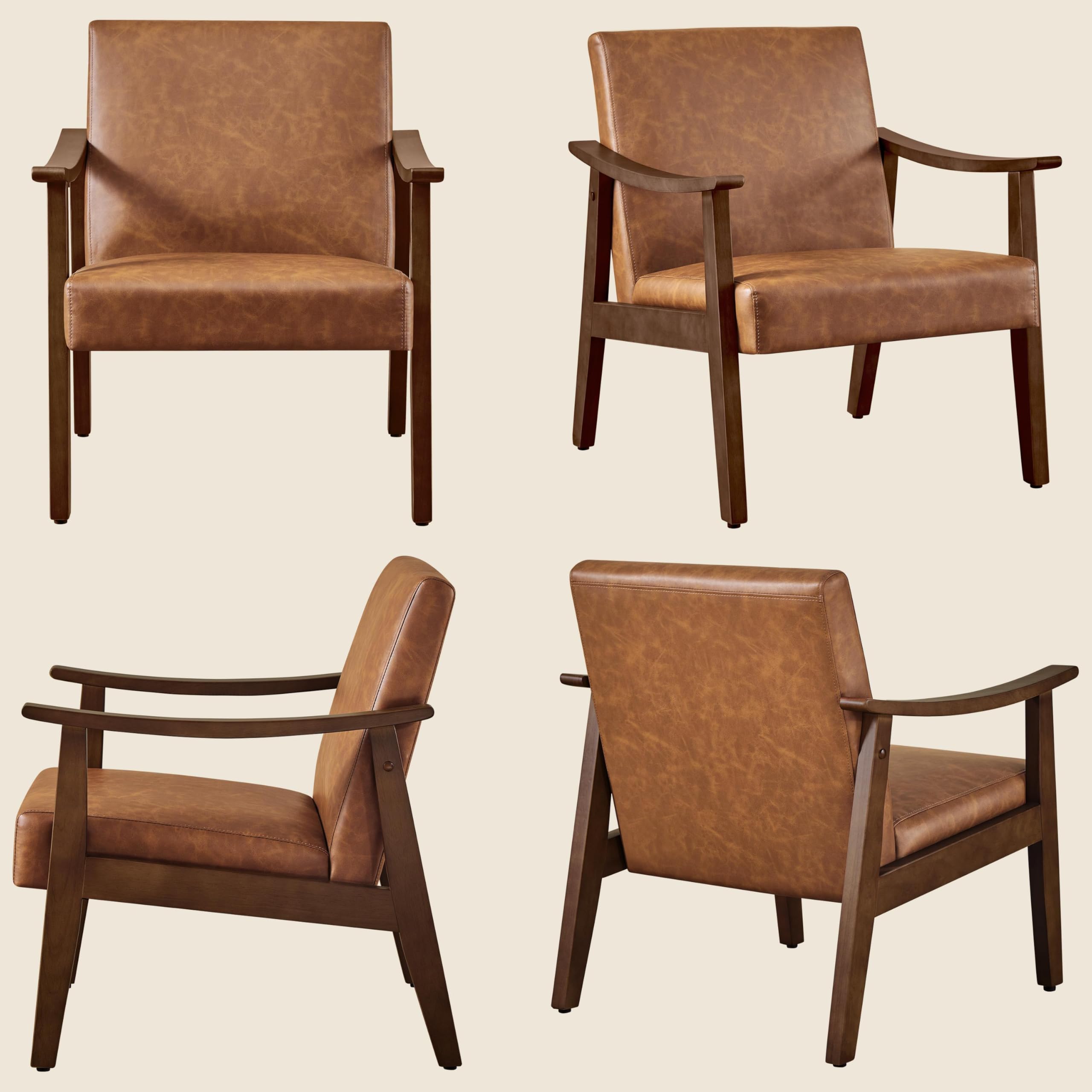 PU Leather Accent Chair, Mid-Century Modern Armchair with Solid Wood Legs, Reading Leisure Chair with High Back for Living Room Bedroom Waiting Room, Brown