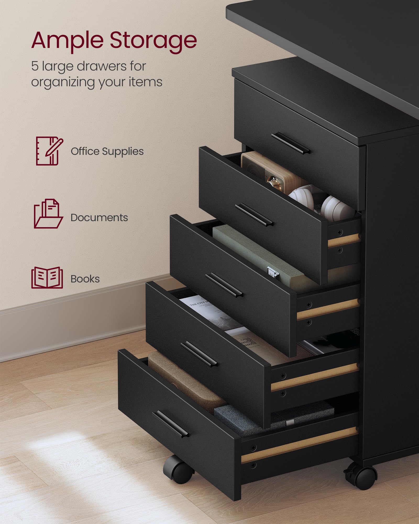 File Cabinet, Mobile Pedestal Filing Cabinet with Wheels, Printer Stand with 5 Drawers, Tool-Free Sliding Rails, for Study, Home Office, Ink Black