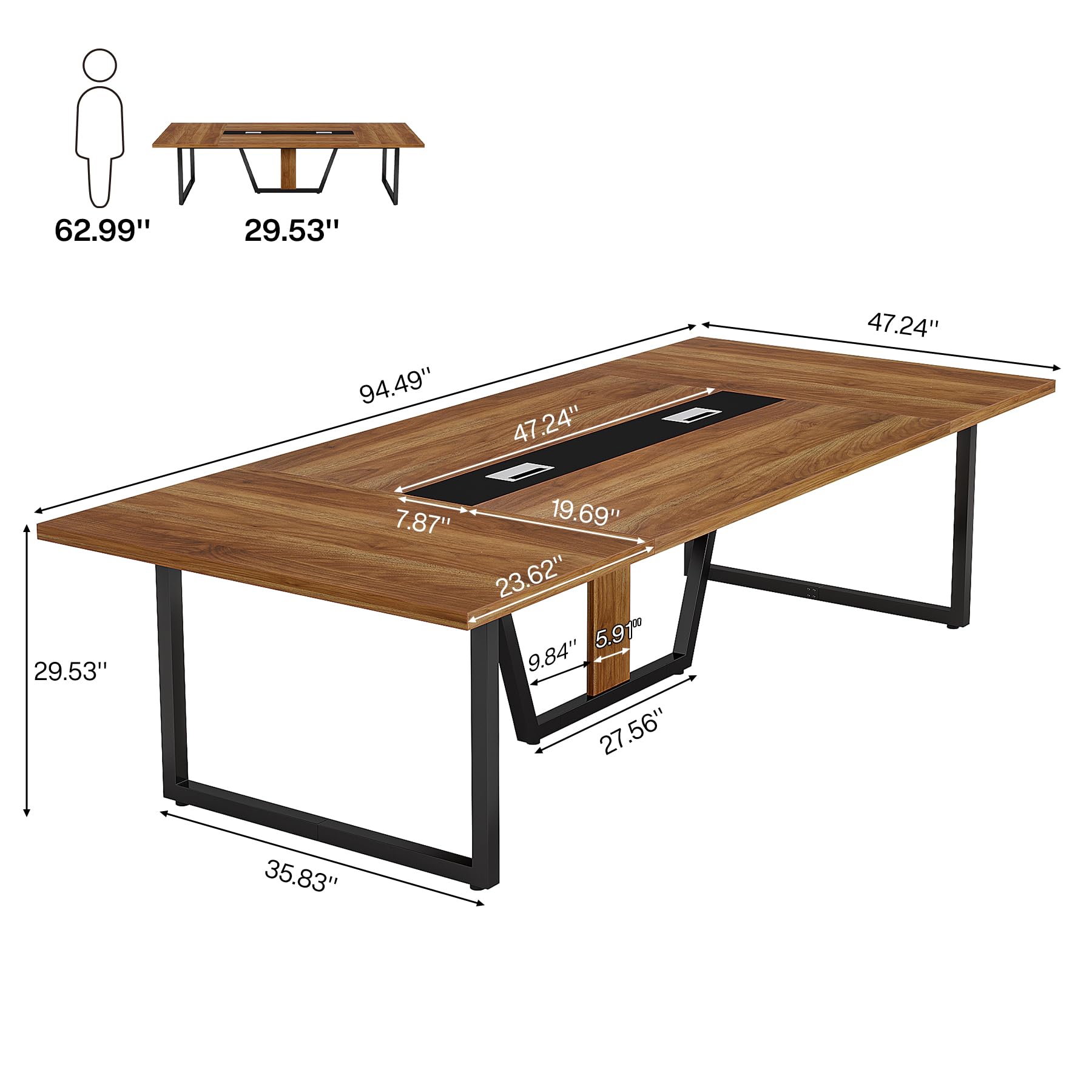 8FT Conference Table, 94.49 L x 47.24 W x 29.53 H Inches Large Meeting Podcast Table for 10 People, Business Style Wooden Training Table with Strong Metal Frame for Office Conference