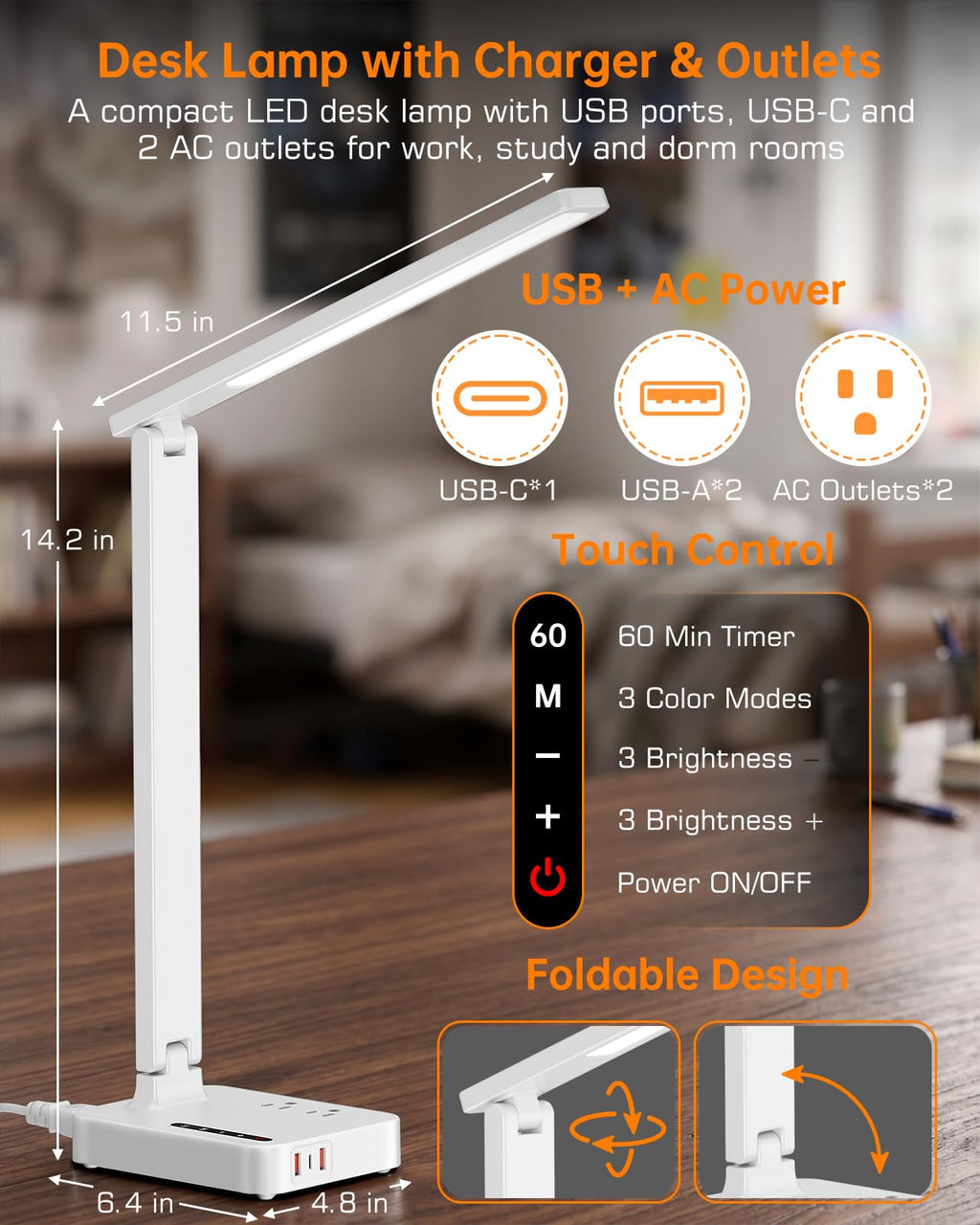 LED Desk Lamp for Dorm Office, USB-C,AC Outlet, Reading Light, White