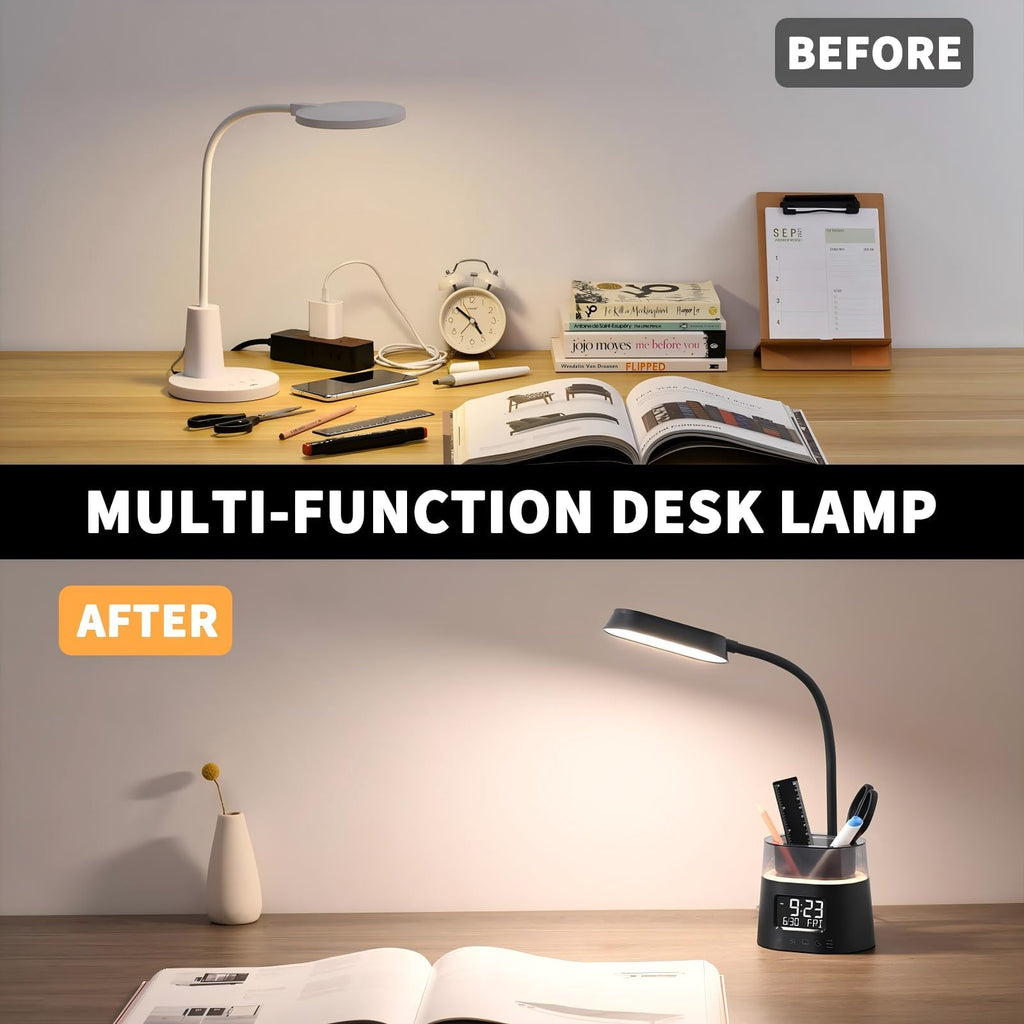 Led Desk Lamp with Pen Holder, Touch Lamps for Nightstand Eye-Caring Bedside Reading Light with Clock, Office Lamps Stepless Dimming, Lamp for Dorm Room, Suitable for Kid/Girl/Boy (Black)