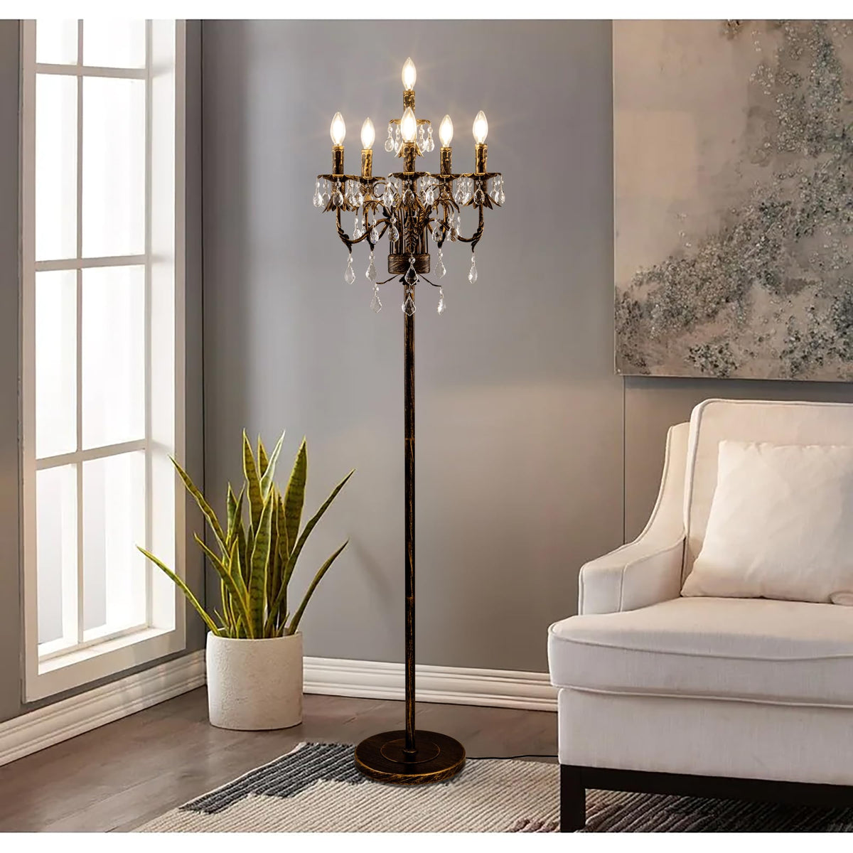 Crystal Bronze Floor Lamp, Tall Vintage Standing Living Room Lamp