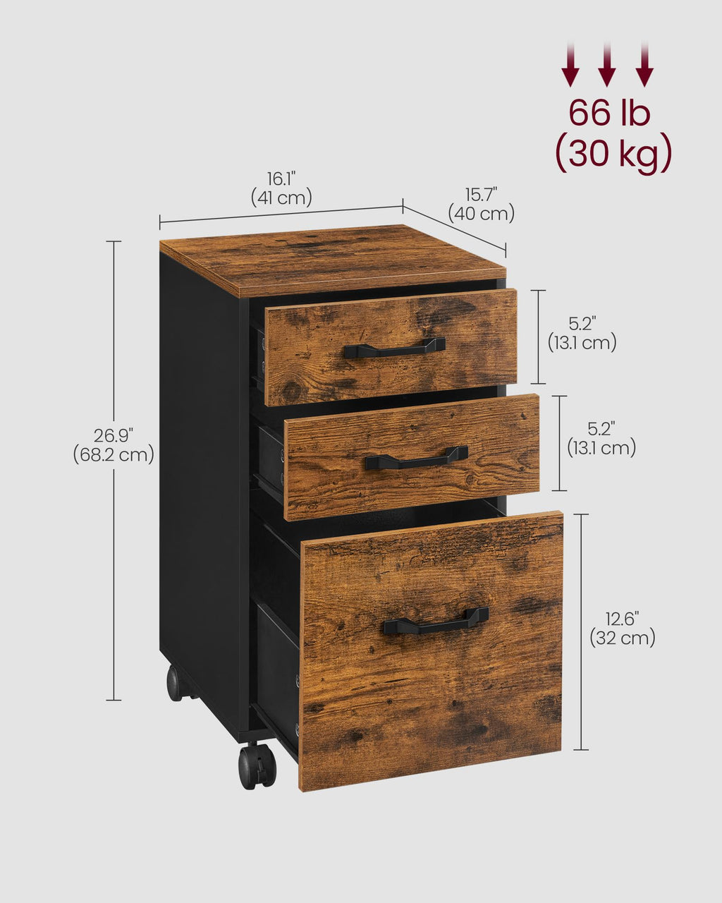 Mobile File Cabinet, 3 Drawers Filing Cabinet with Wheels, for Home Office, for A4, Letter Sized Documents, Adjustable Hanging Rail for File Folders, Rustic Brown and Ink Black
