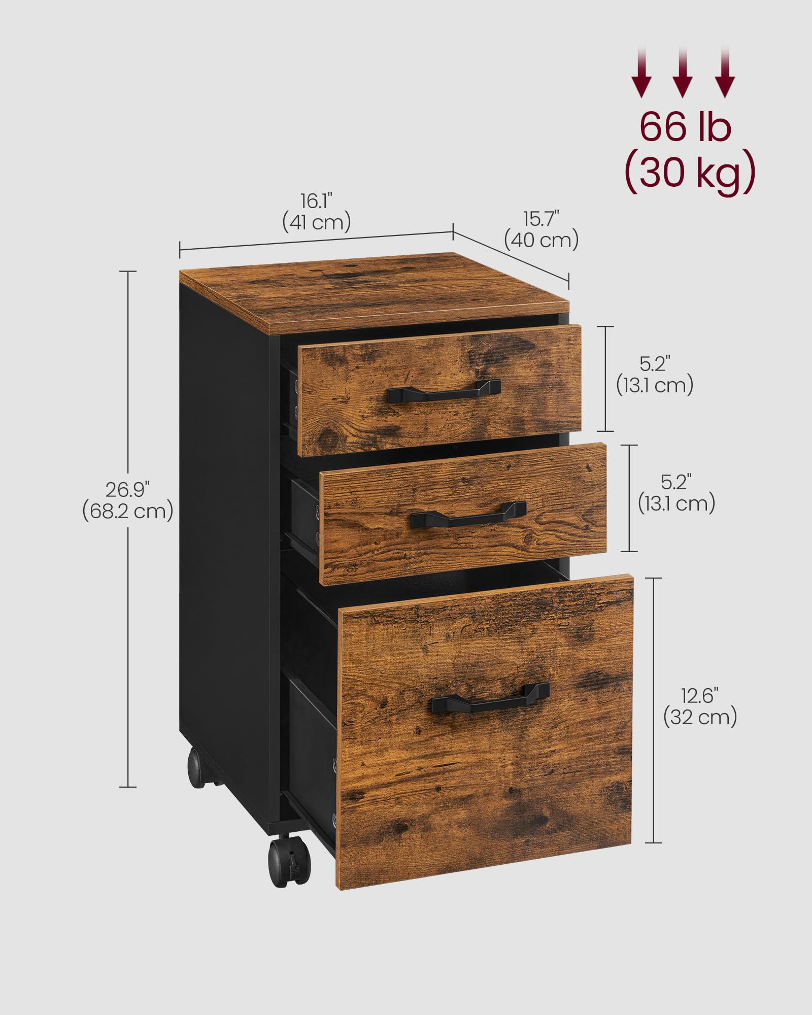 Mobile File Cabinet, 3 Drawers Filing Cabinet with Wheels, for Home Office, for A4, Letter Sized Documents, Adjustable Hanging Rail for File Folders, Rustic Brown and Ink Black