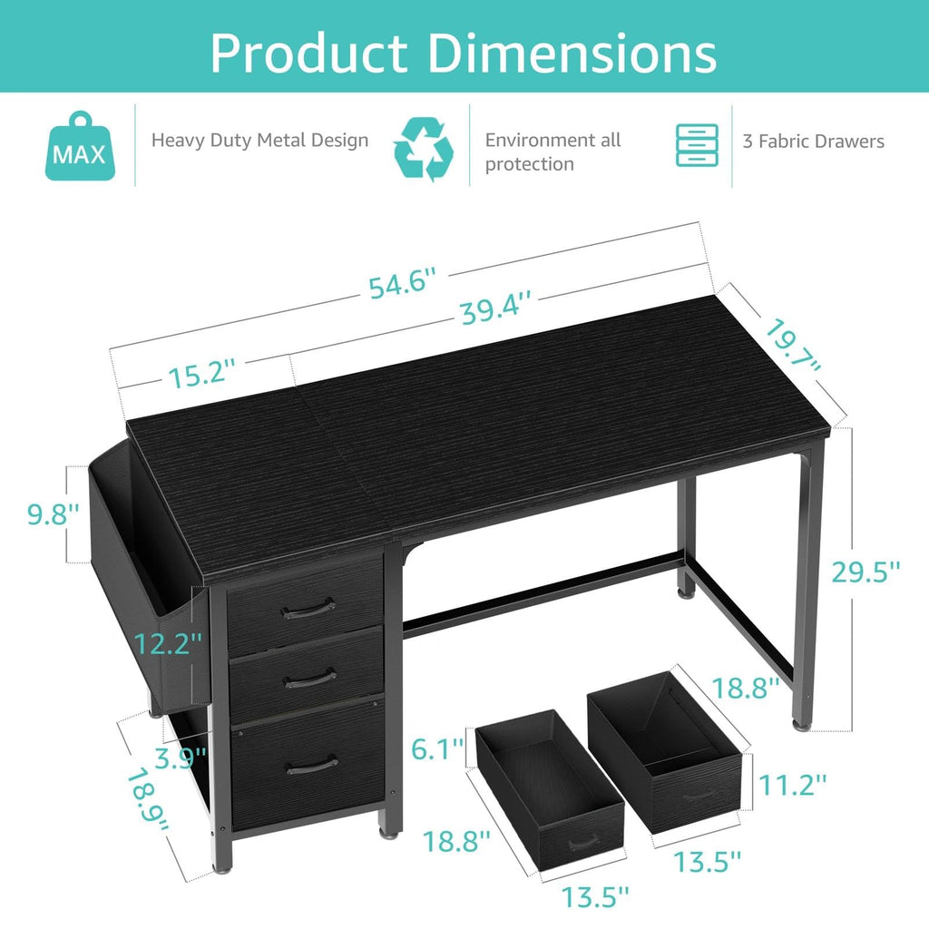 Computer Desk with Fabric File Drawers Cabinet, 55 Inch Reversible Home Office Desks with Filing Cabinet, Study Writing Table PC Desks with Storage for Bedroom, Black