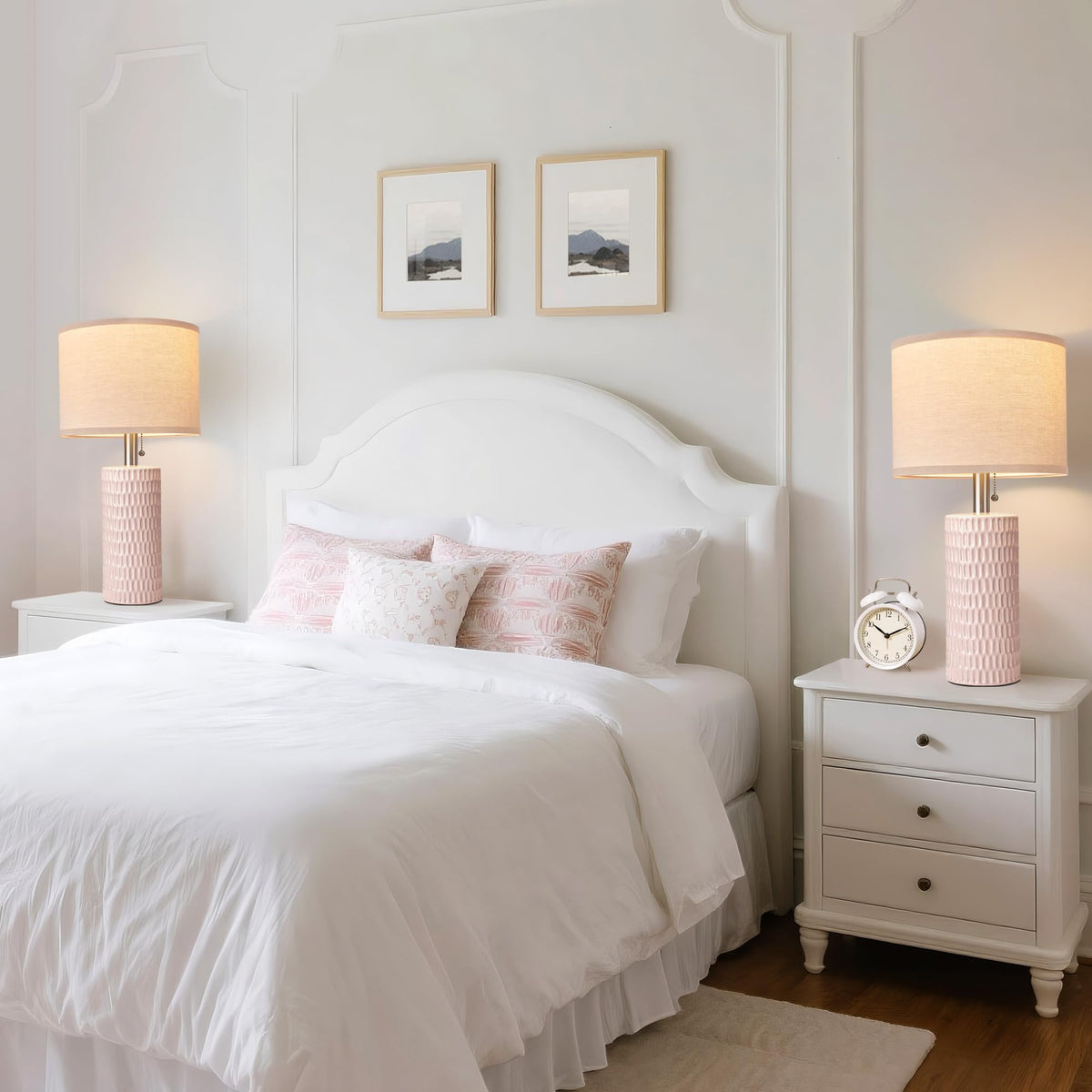 20.5" Modern Ceramic Table Lamps for Bedroom Set of 2, Bedside Lamps for Night Stands with Beige Lampshade, Farmhouse Table Lamp for Living Room Office Dorm, Pink