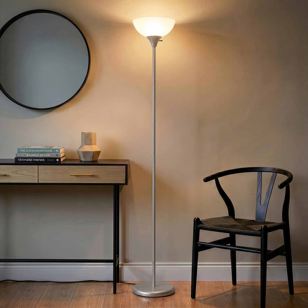 Sky Dome Dimmable LED Floor Lamp, Torchiere Floor Lamp for Living Room, Bedroom, & Office – Tall Torch Standing Lamp for Reading, Modern Home Decor – Platinum Silver