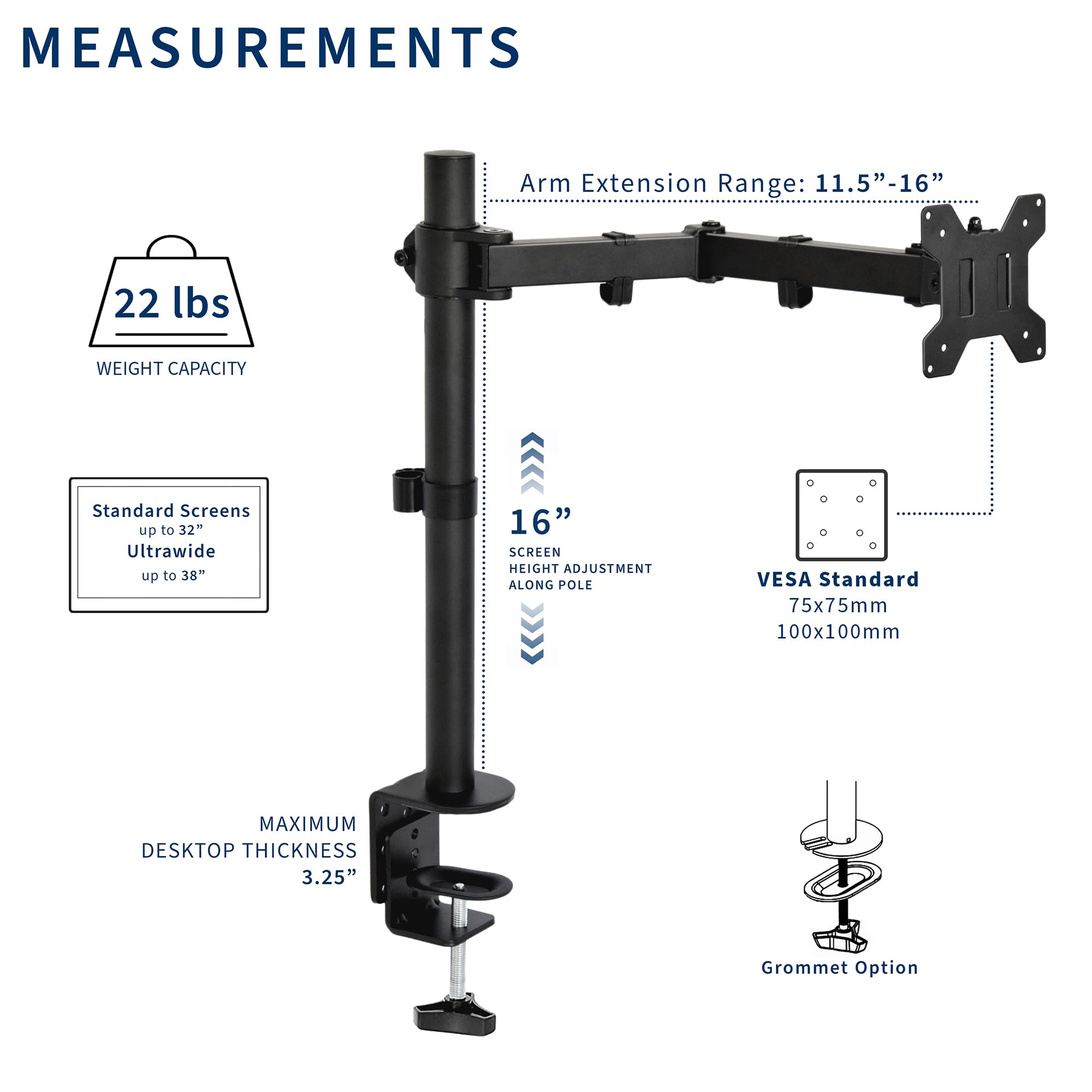 Single 13 to 38 inch Ultrawide Monitor Arm Desk Mount, Regular Screens up to 32 inches, 22 lbs capacity, Fully Adjustable Stand with C-Clamp and Grommet Base, Black, STAND-V001