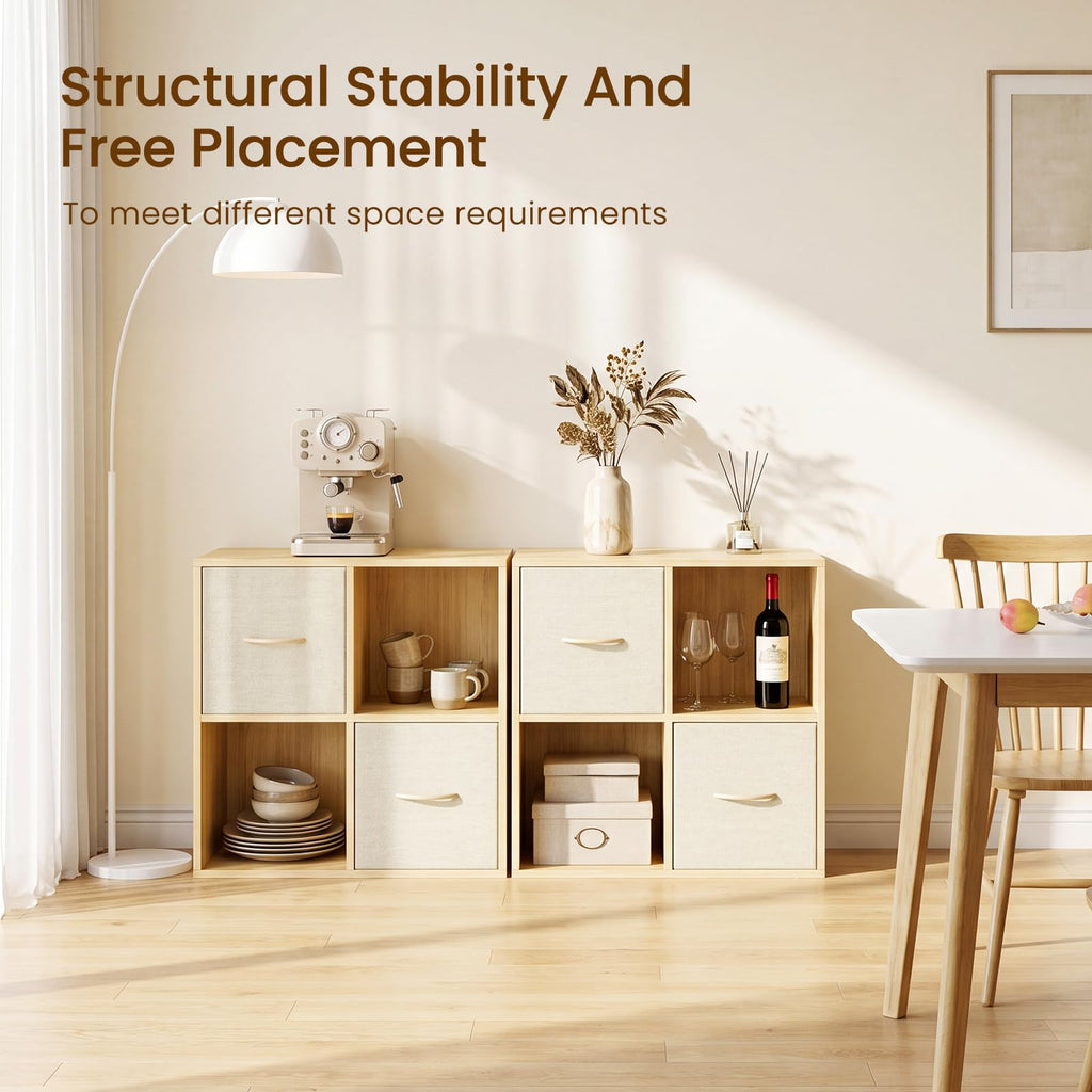 4 Cube Storage Organizer - Solid Wood Bookshelf with 2 Storage Bins, Cube Shelf with 2 Removable Back Panels, Vertical or Horizontal Bookcase, Open Book Shelf for Bedroom, Living Room, Office