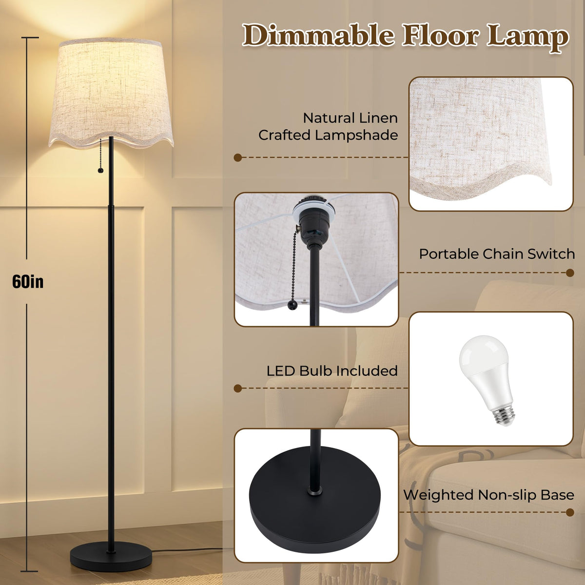 Floor Lamps for Living Room & Bedroom, 60" Modern Tall Standing Lamp, 3CCT