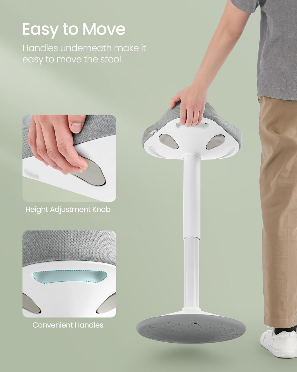 Ergonomic Sit Stand Stool, Height Adjustable Standing Desk Stool 23.3-33.1 Inches, Swivel Balance Chair with Non-Slip Base, Saddle Seat, for Active Sitting, Office, Home, Dove Gray