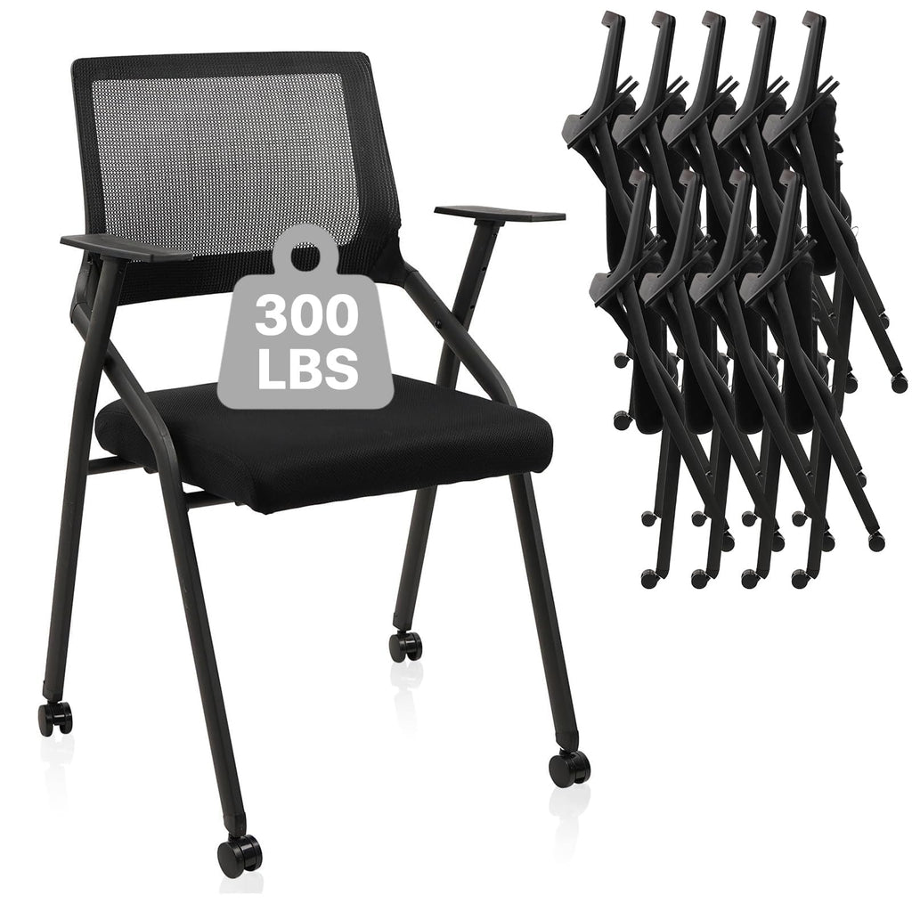 Black (10 pk) Ergonomic Stackable & Foldable Conference Room Chairs, Mesh Office Chair with Arms and Wheels for Office Waiting Room Meeting Lobby Church School Receptions and Training