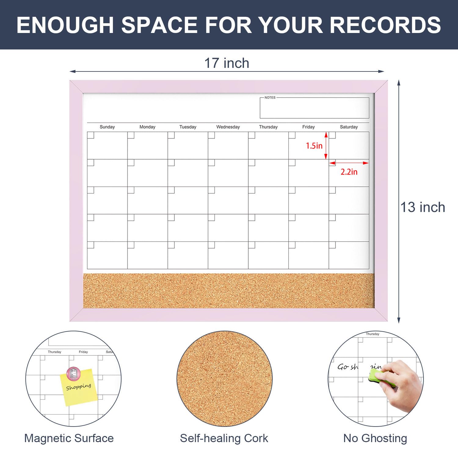 Dry Erase Calendar Cork Board Combo, 17x13 Inches Calendar Whiteboard for Wall, Small Magnetic White Board with Pink Wood Framed, Dry Erase Board for Planner Office Kitchen Home Memo