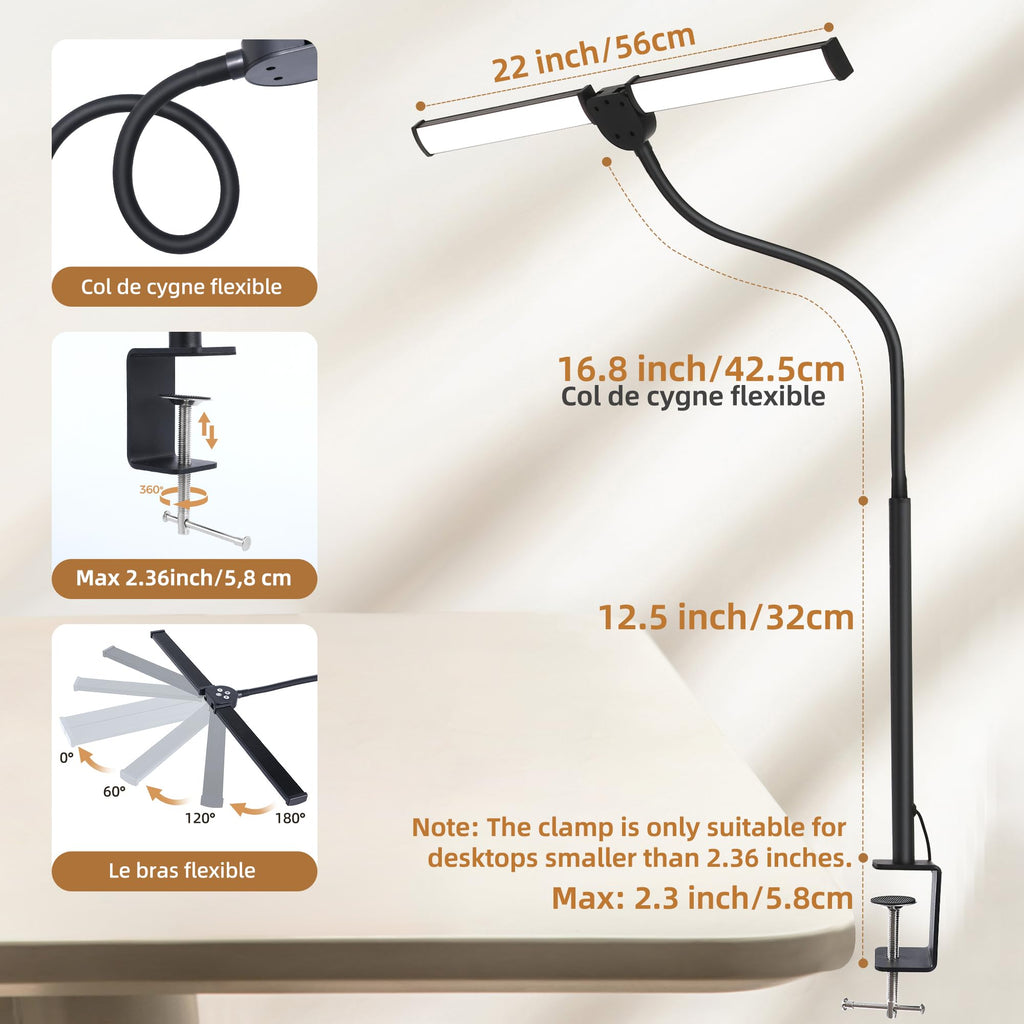 Led Desk Lamp for Home Office, Eye-Care Architect Light with Clamp, Smart Double Head Computer Monitor Table Clip Lamp, Adjustable Flexible Goose-Neck, 25 Lighting Models, Task Lamp, Black