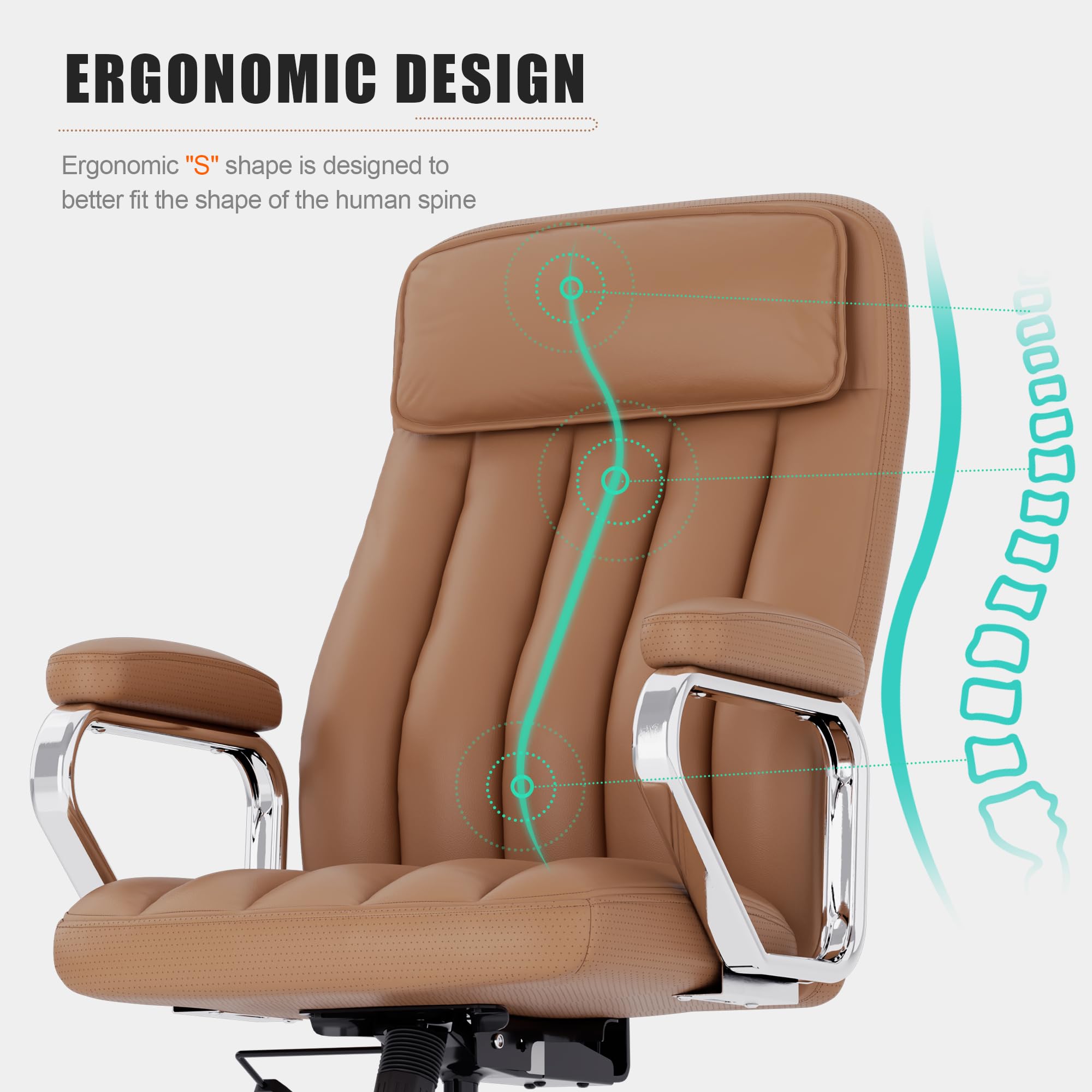 Executive Office Chair, Modern Leather Chair with Headrest & Lumbar Support, High Back Ergonomic Chair with Padded Armrests & Seat, Height Adjustable Swivel Rolling Chair for Home Office.