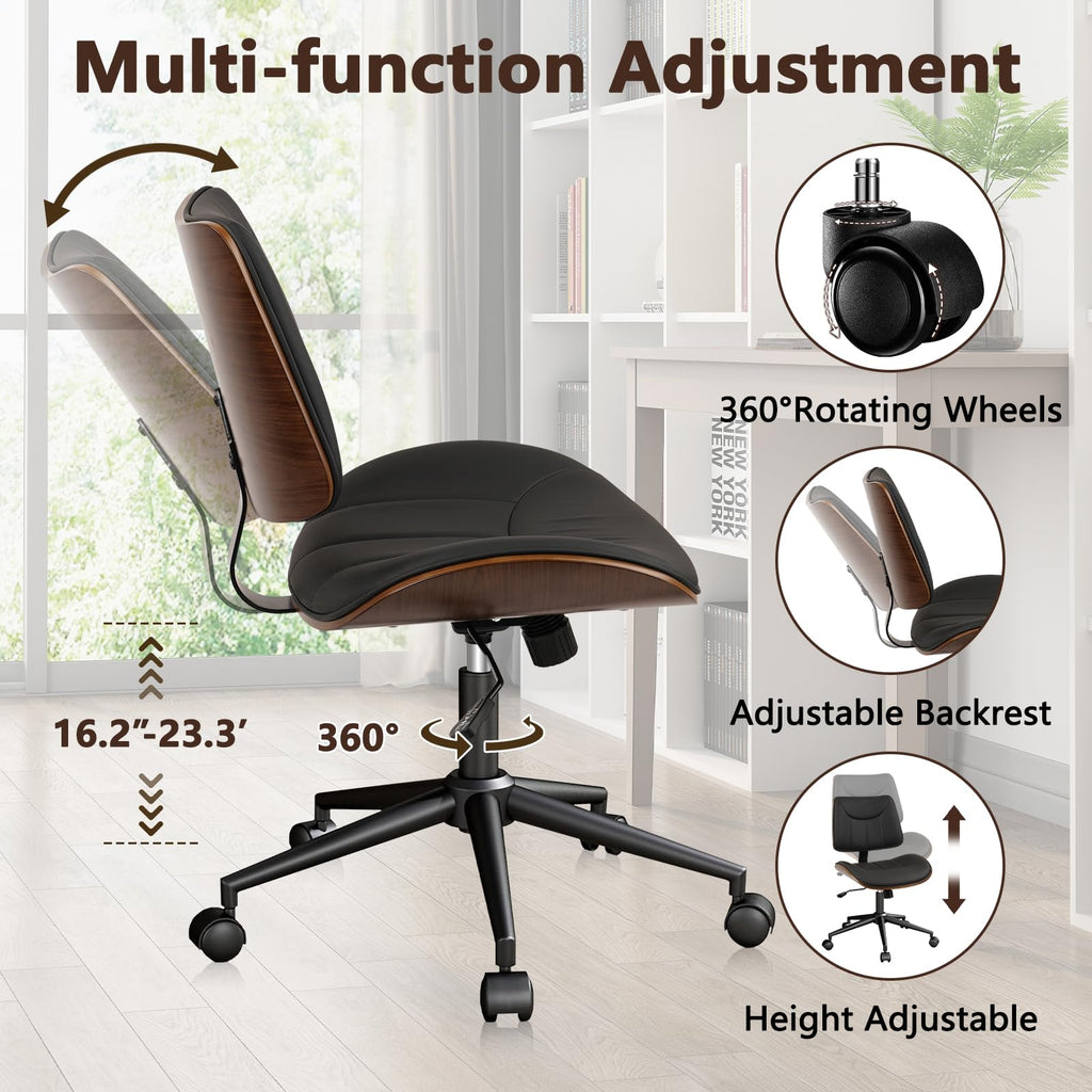 4Pack, Office Chair Armless with Wheels, Mid-Century Modern Walnut Desk Chair, Adjustable Height Reading Chair, PU Leather Mid Back & Swivel Computer Chairs for Home Meeting Room Bedroom, Black