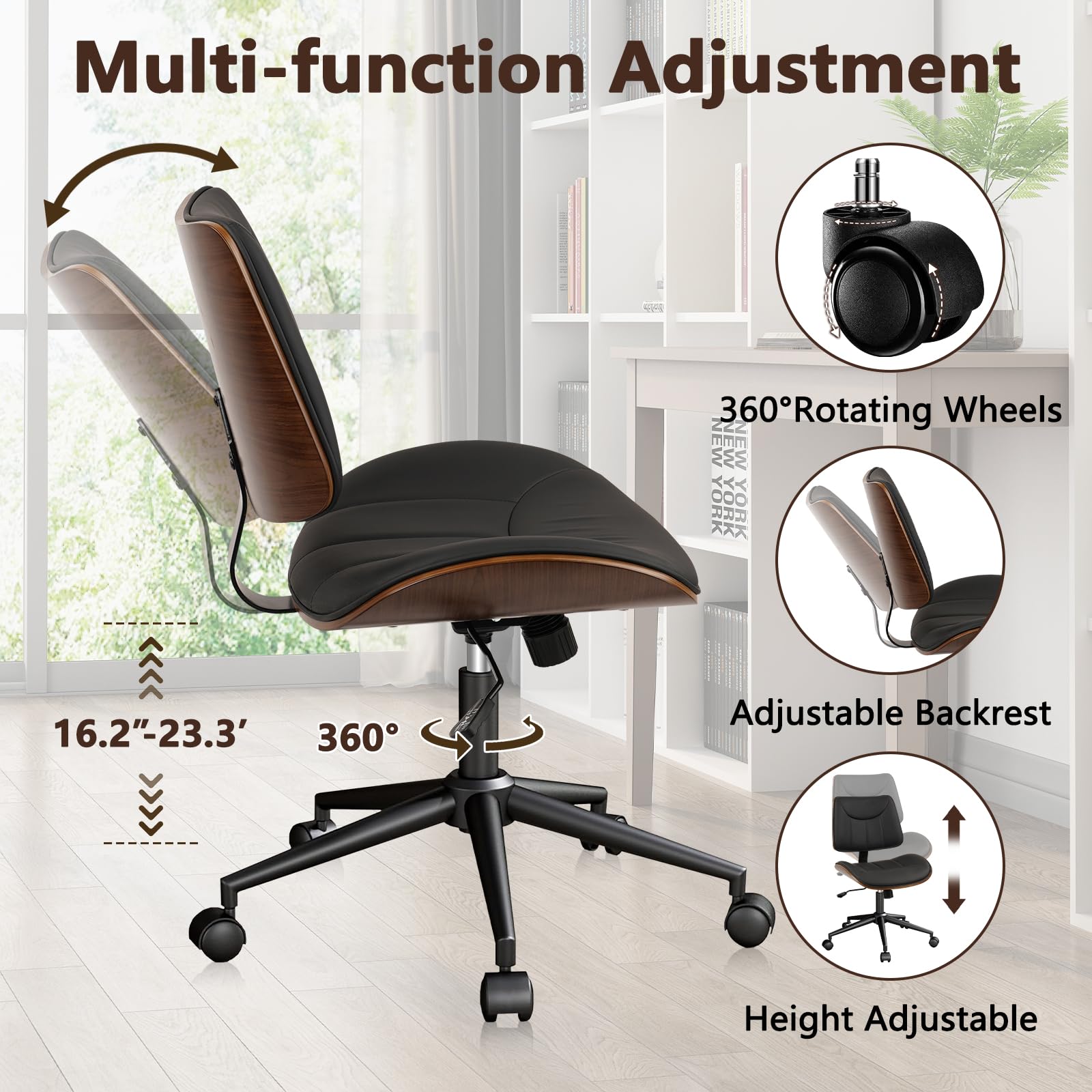 4Pack, Office Chair Armless with Wheels, Mid-Century Modern Walnut Desk Chair, Adjustable Height Reading Chair, PU Leather Mid Back & Swivel Computer Chairs for Home Meeting Room Bedroom, Black