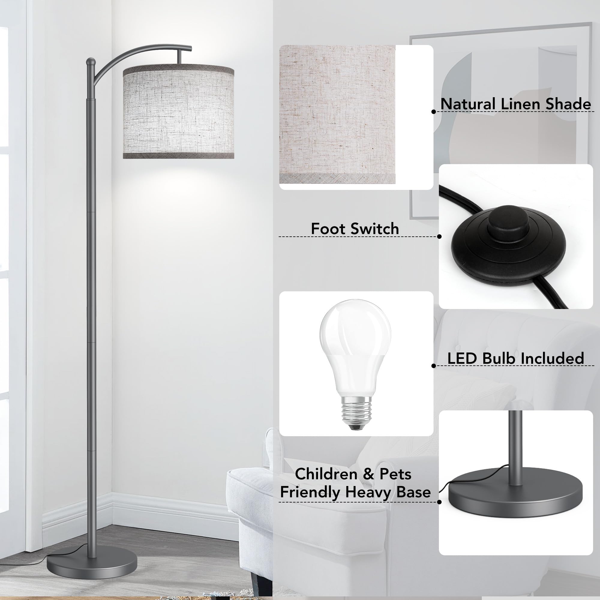 Floor Lamp for Living Room with 3 Color Temperatures LED Bulb, Standing Lamp Tall Industrial Floor Lamp Reading for Bedroom, Office (9W LED Bulb, Beige Lampshade Included) -Grey