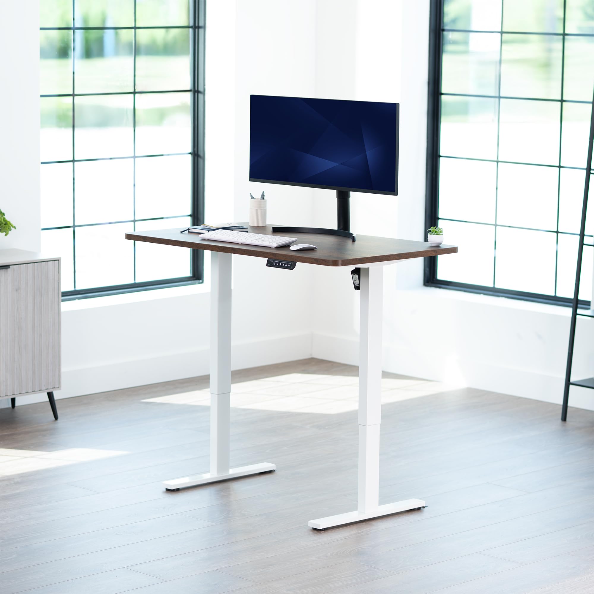 Electric 48 x 30 in Rustic Standing Desk, Memory Height Adjustment, 1B Series, Holds 220 lbs, One-Piece Vintage Brown Top, White Frame