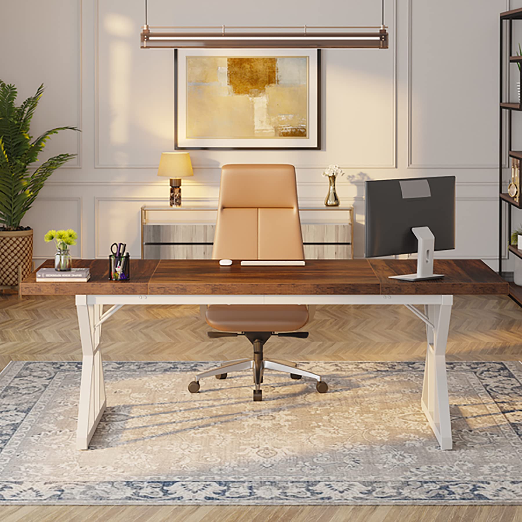 70.8-Inch Executive Desk, Large Computer Office Desk Workstation, Modern Simple Style Laptop Desk Study Writing Table Business Furniture for Home Office (Brown/White, 70.8 Inch)