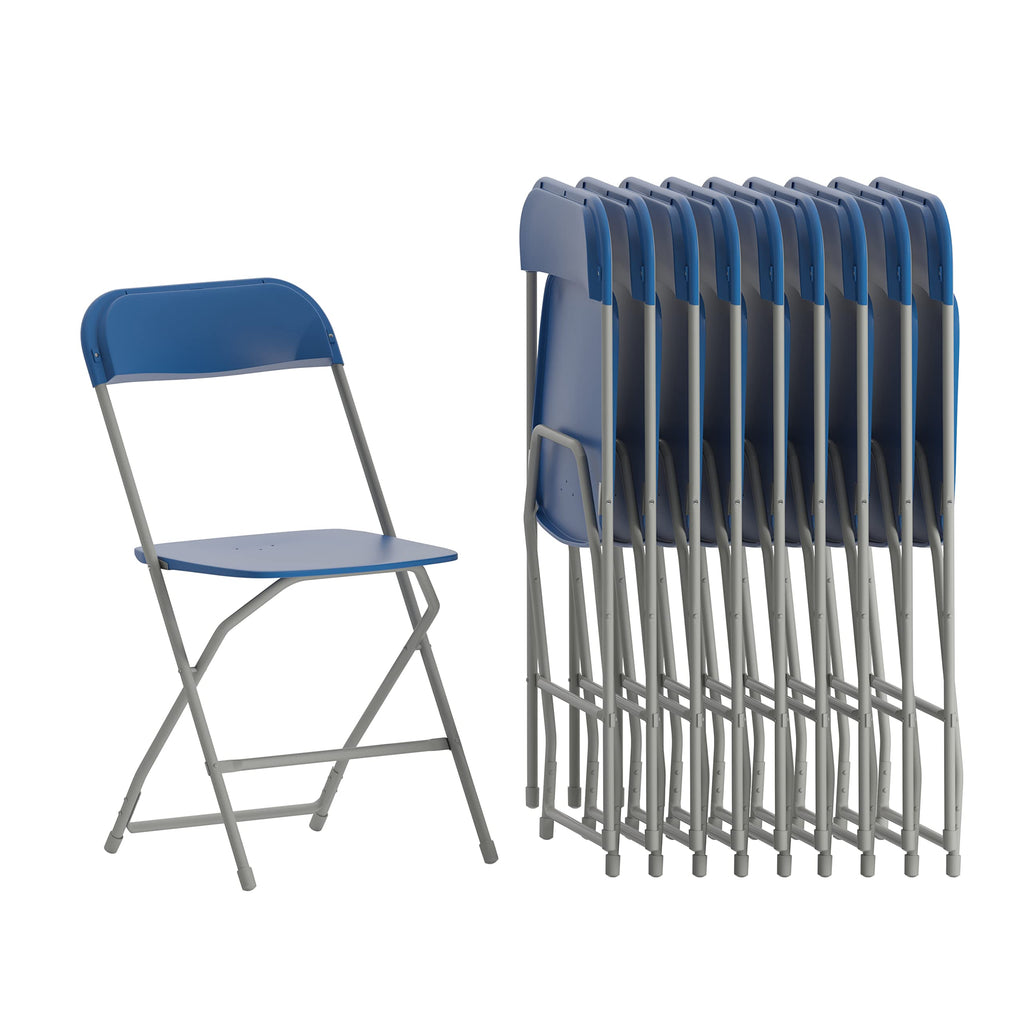 Set of 10, Hercules Series Plastic Folding Chairs for Parties and Weddings, Stackable Commercial Event Seats, Blue