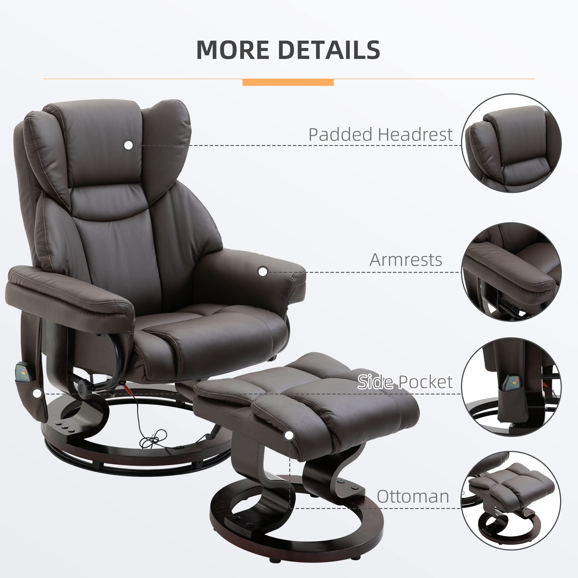 Recliner Chair with Ottoman Footrest, 10 Vibration Points, 360° Swivel Reclining Chair, Faux Leather Living Room Chair with Side Pocket and Remote Control, Brown