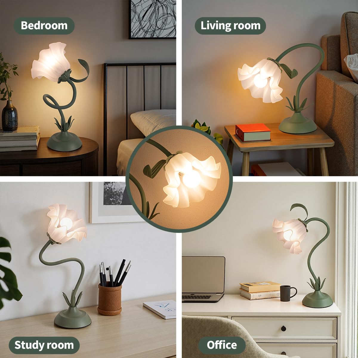 Flower Table Lamp Cute Lily Desk Lamp Bedside Night Light -Green