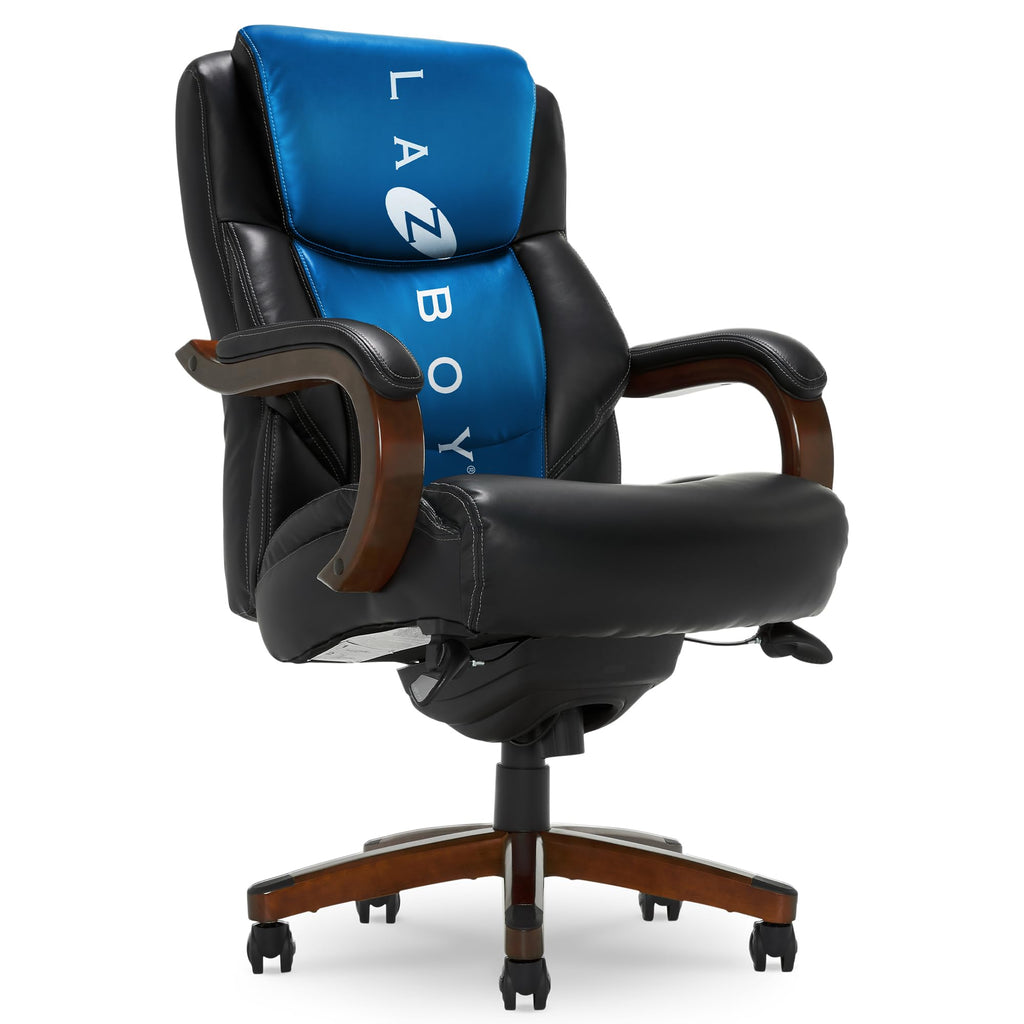 Delano Big and Tall Executive Office Chair - Ergonomic Lumbar Support Memory Foam - Bonded Leather Desk Chair for Home Office - Mahogany Wood Arms - Black