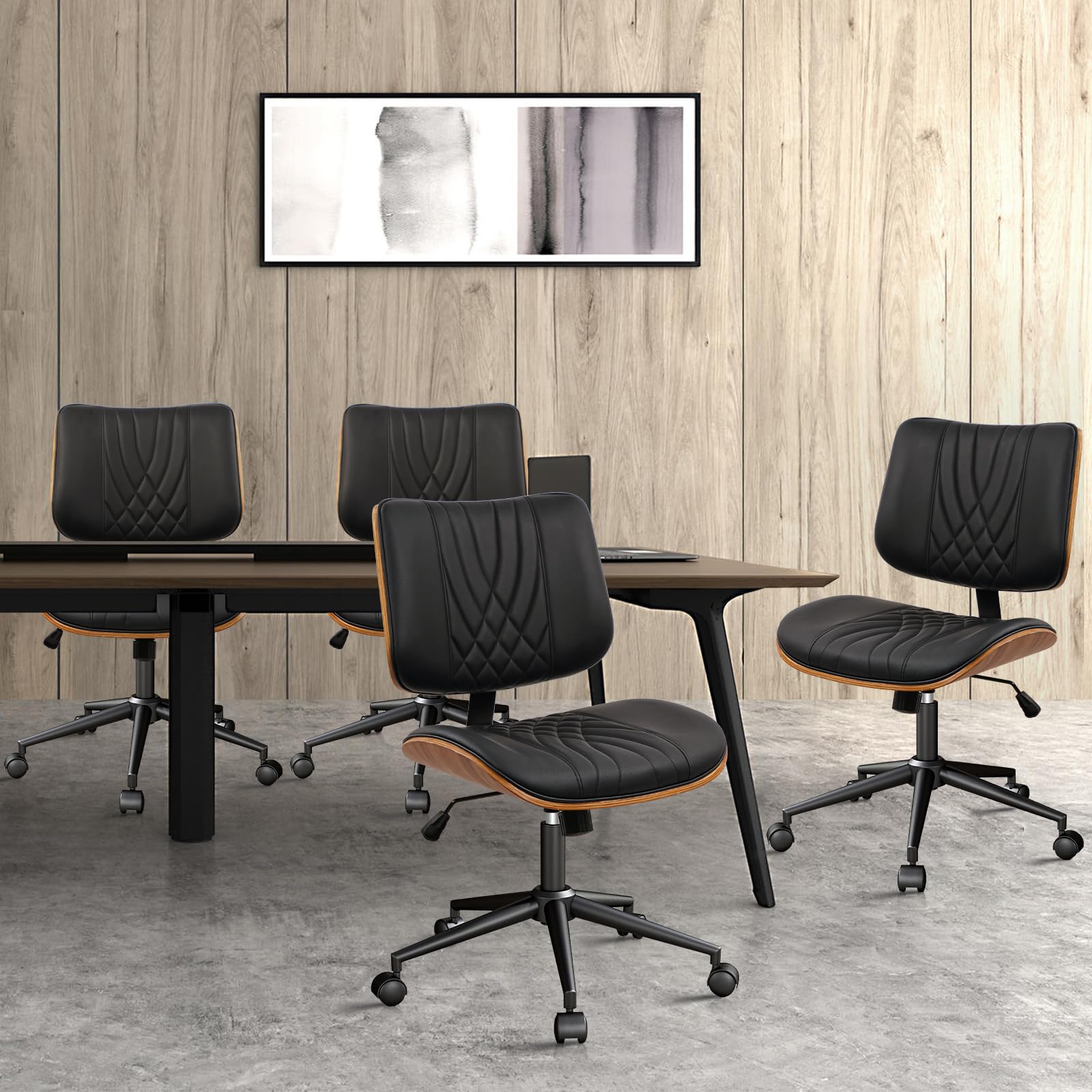 Armless Home Office Chair, Desk Chair with Wheels, Adjustable Height Reading Chair, Leather Mid Back & Swivel Computer Chair, Modern Walnut Chairs with Back for Studio Meeting Room(Black)