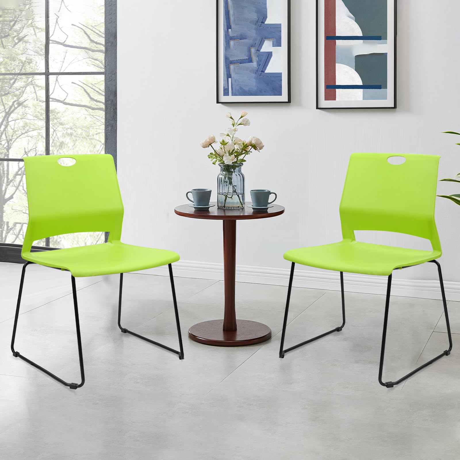 Set of 12, Stackable Guest Reception Chairs, Stacking Office Chair with Ergonomic Lumbar Support & Metal Legs, Plastic Desk Chairs for Conference School Church Waiting Meeting Break Room Set of 12, Green