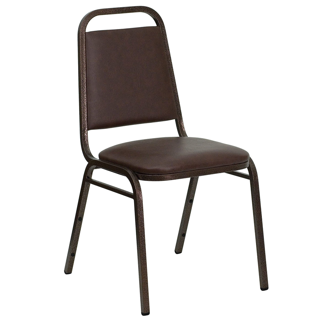 Trapezoidal Back Vinyl Stackable Banquet Chair, Multipurpose Stacking Chair with Padded Seat and Back, Brown/Copper