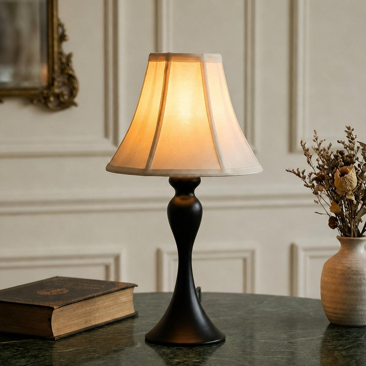 Traditional Table Lamp, Vintage Desk Lamp for Living Room with Fabric Shade, Farmhouse Bedside Lamp Black Finish for Bedroom Hotel Nightstand Office (Pack-01)
