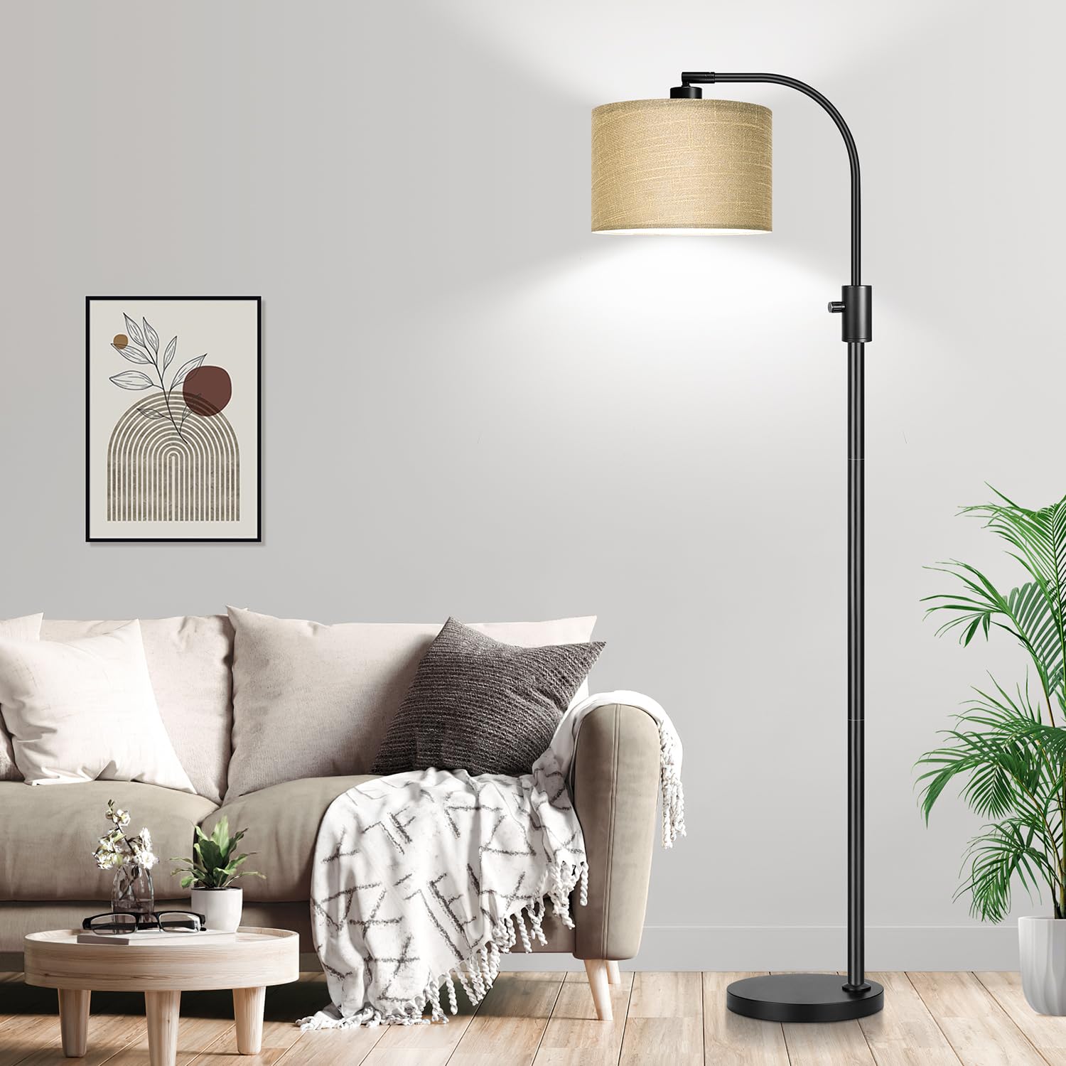 Upgraded Modern Arc Dimmable Tall Standing Floor Lamp with Champagne Shade, 1200 Lumens LED Bulb Included, for Living & Reading Room, Bedroom, Office & Nursery, Black