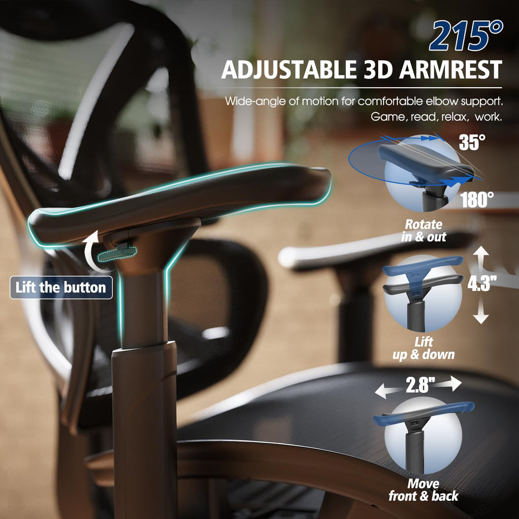 Ergonomic Office Chair, Big and Tall Mesh Chair with Lumbar Support, 3D armrest - 215° Rotation, Adjustable Headrest & Soft Seat, Durable Computer Chair 350LBS for Work Gaming